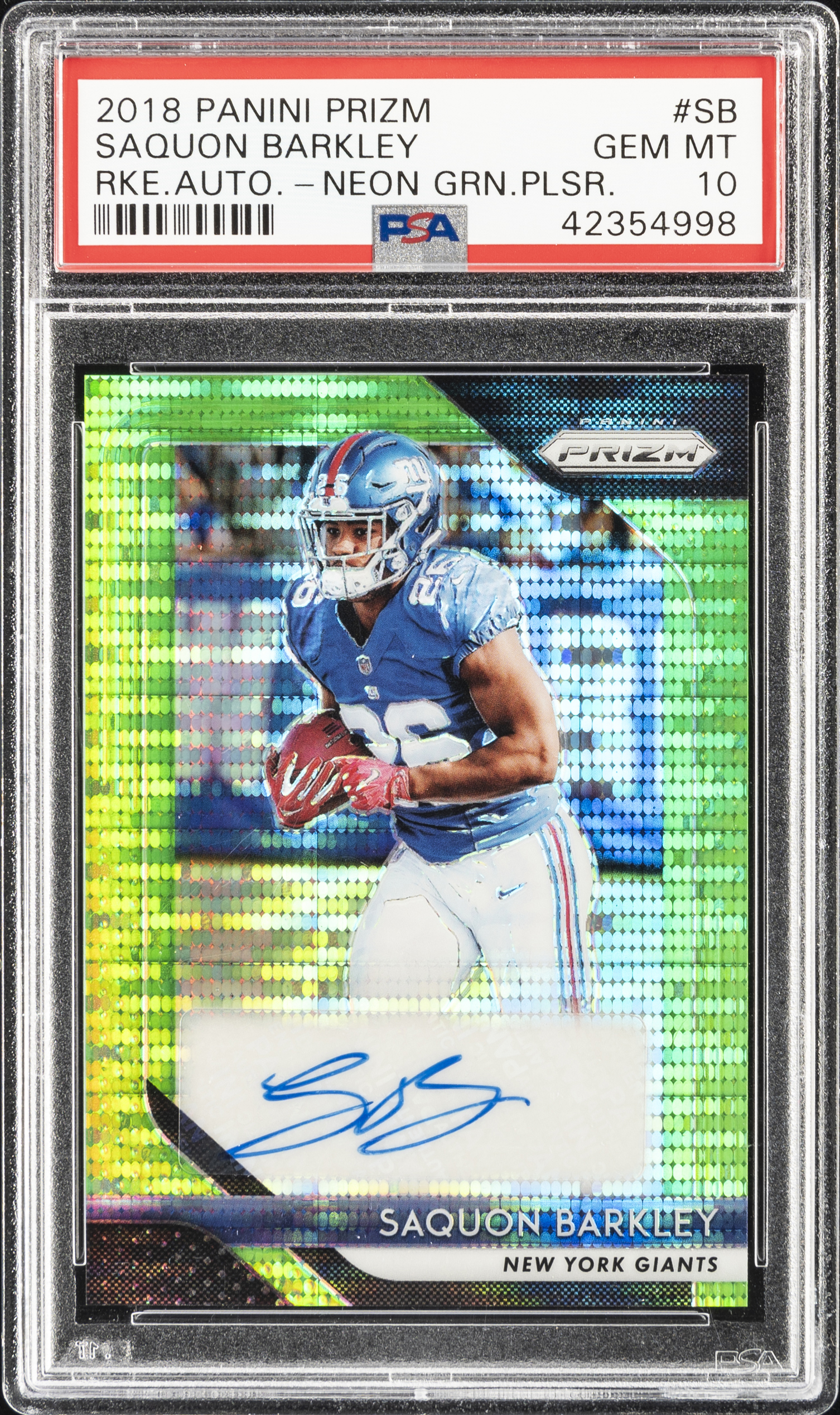 2018 Panini Prizm Rookie Autographs Neon Green Pulsar #RA-SB Saquon Barkley Signed Rookie Card – PSA GEM MT 10