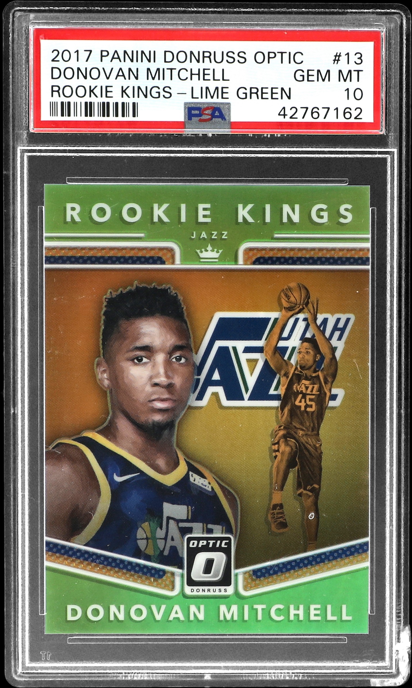 2017-18 Panini Donruss Optic Rookie Kings Lime Green #13 Donovan Mitchell Rookie Card (#115/149) – PSA GEM MT 10