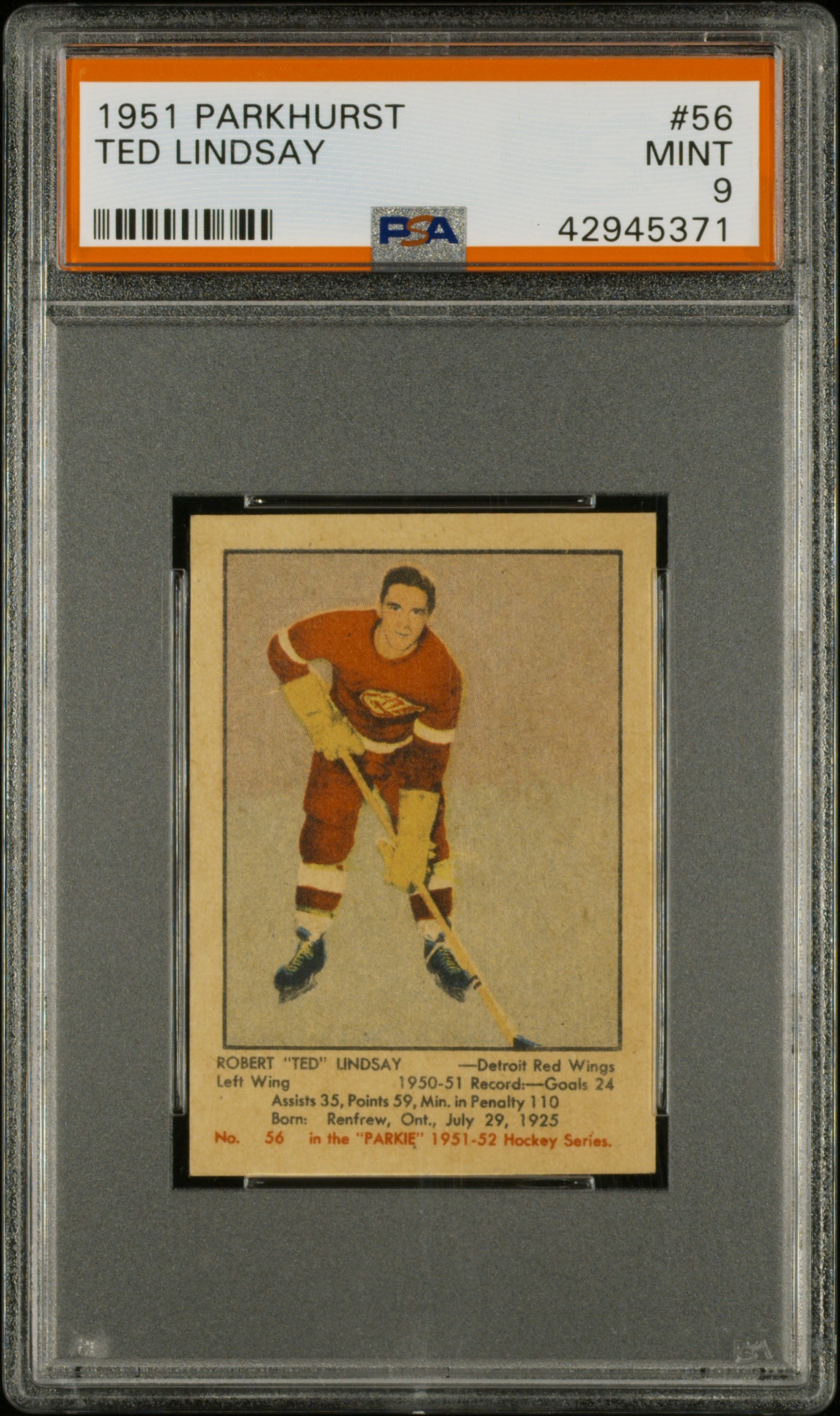 1951-52 Parkhurst #56 Ted Lindsay Rookie Card - PSA MINT 9