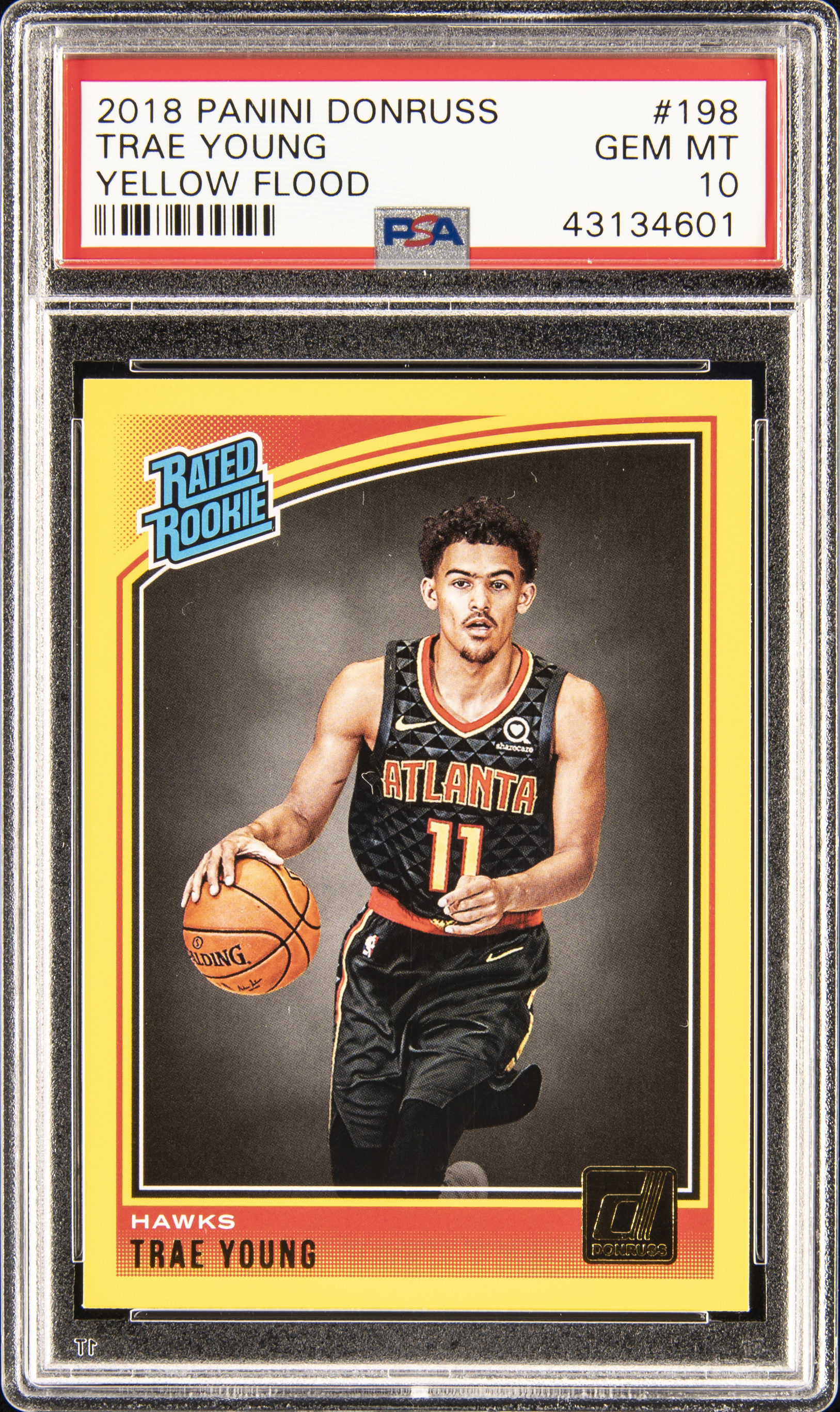 2018-19 Panini Donruss Yellow Flood Rated Rookie #198 Trae Young Rookie Card – PSA GEM MT 10