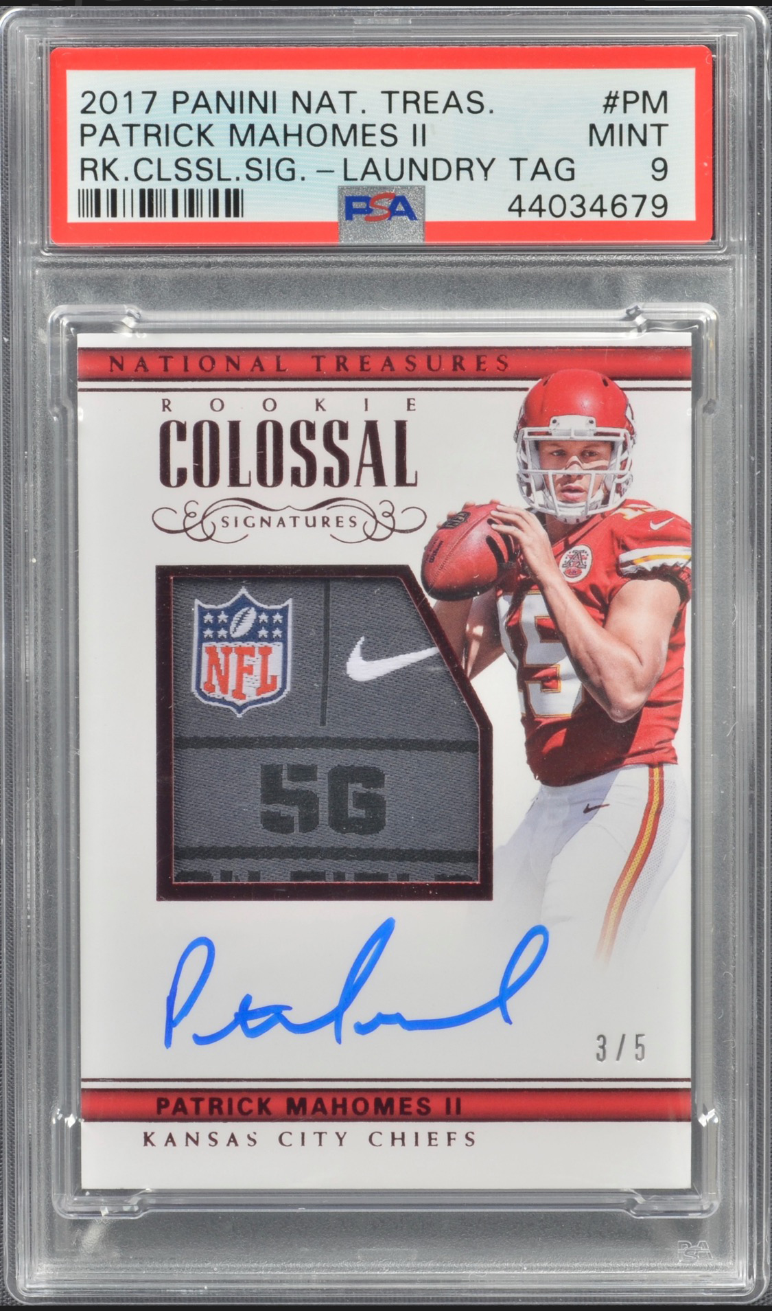 2017 Panini National Treasures Rookie Colossal Signatures Laundry Tag #RCS-PM Patrick Mahomes II Signed Patch Rookie Card (#3/5) - PSA MINT 9 - Pop 1