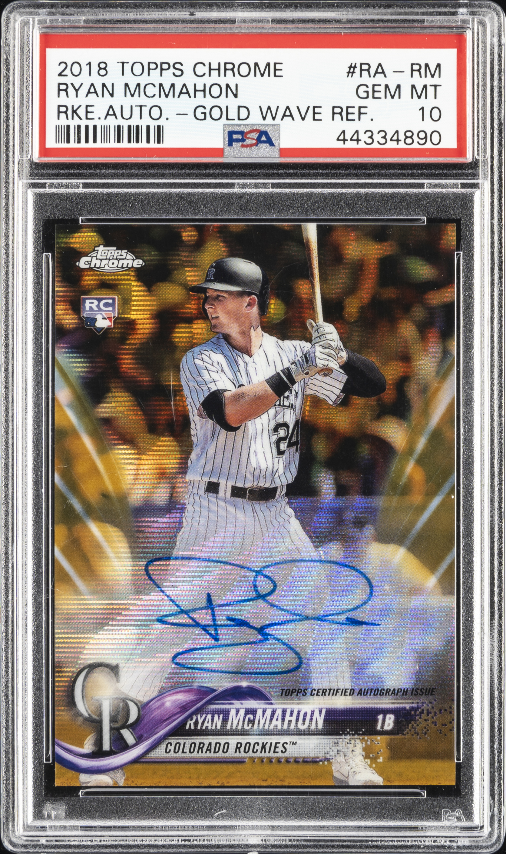 2018 Topps Chrome Rookie Autograph Gold Wave Refractor #RA-RM Ryan Mcmahon Signed Rookie Card (#45/50) – PSA GEM MT 10