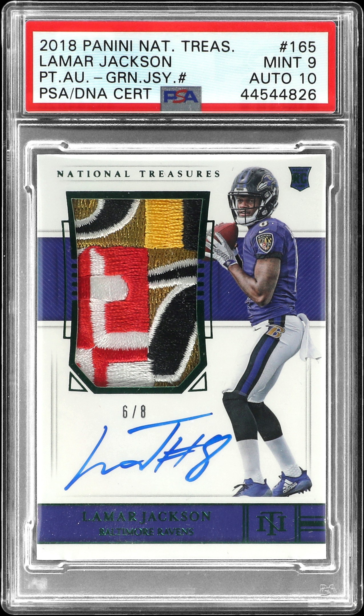 2018 Panini National Treasures Rookie Patch Autograph (RPA) Green Jersey Number #165 Lamar Jackson Signed Patch Rookie Card (#6/8) - PSA MINT 9, PSA/DNA GEM MT 10 - Pop 2