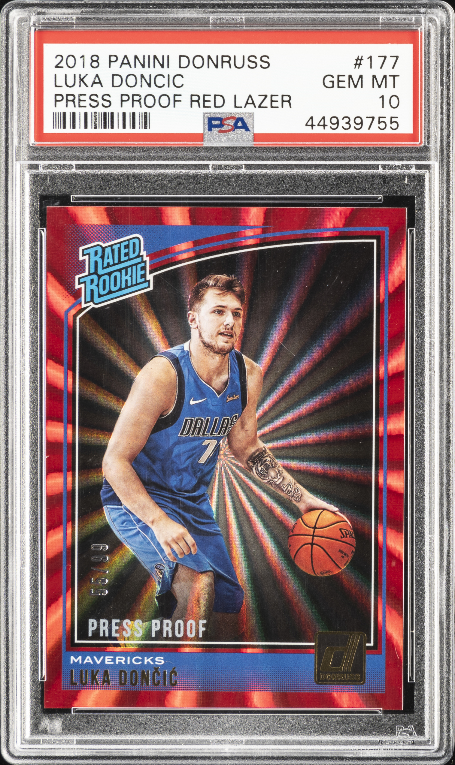 2018-19 Panini Donruss Press Proof Red Laser Rated Rookie #177 Luka Doncic Rookie Card (#55/99) – PSA GEM MT 10