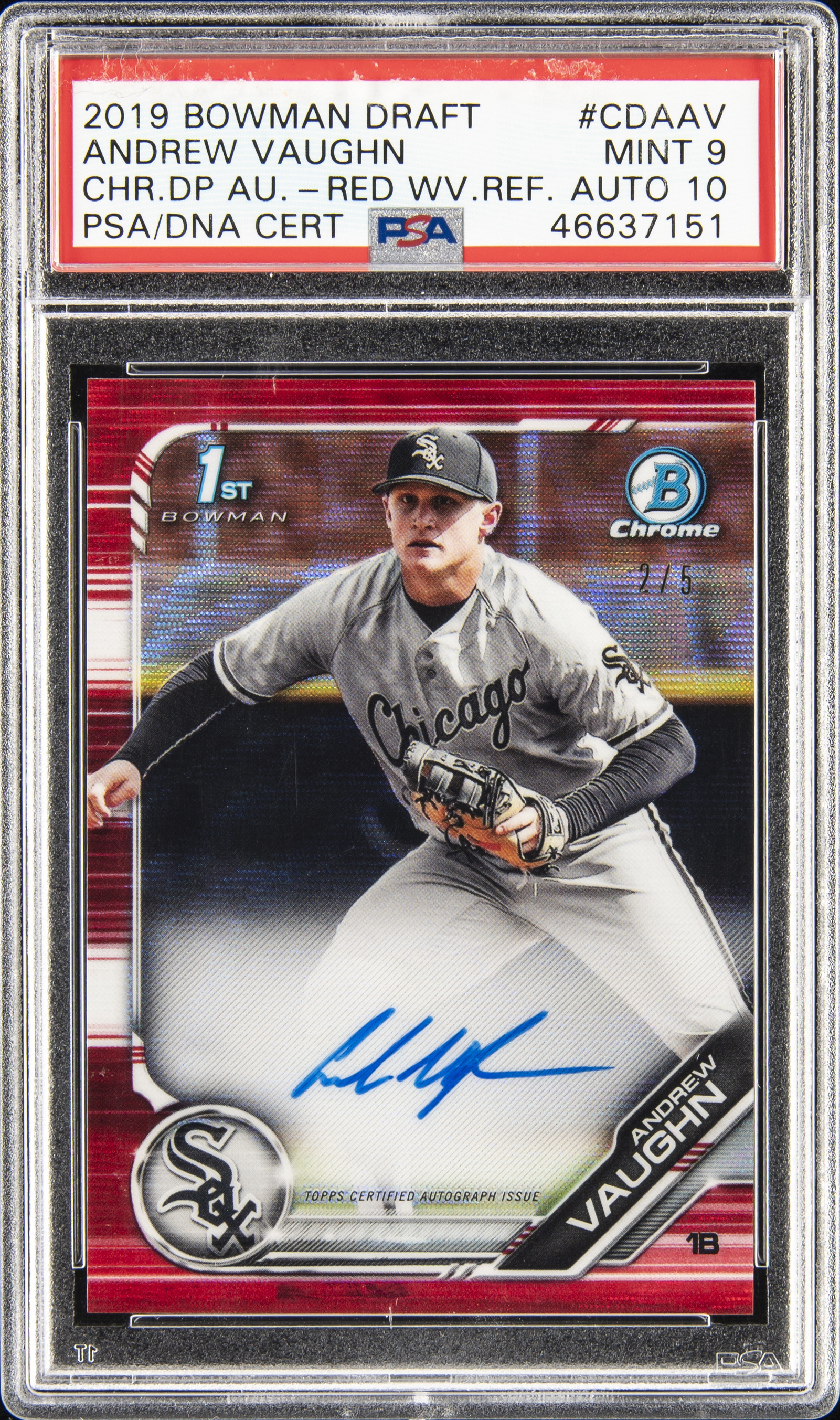2019 Bowman Draft Chrome Draft Picks Autograph Red Wave Refractor #CDAAV Andrew Vaughn Signed Signed Rookie Card (#5) – PSA MINT 9, PSA/DNA GEM MT 10