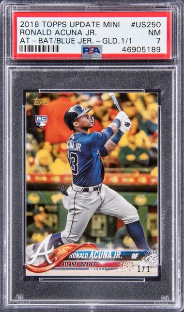 2018 Topps Mini Gold #US250 Ronald Acuna Jr., At Bat in Blue Jersey Rookie  Card (#1/1) - PSA NM 7 on Goldin Auctions