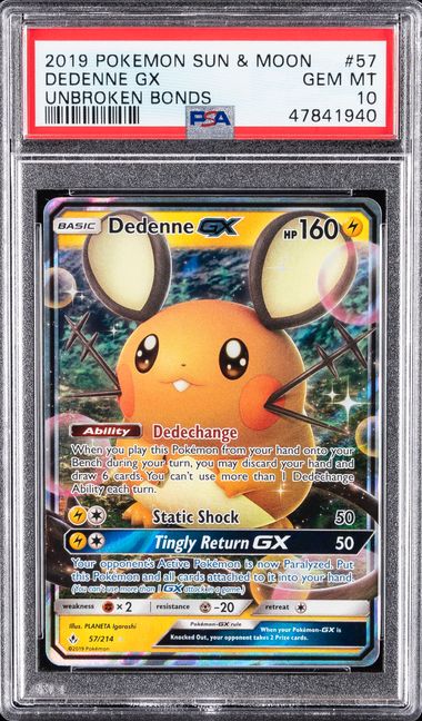 2019 Pokemon Sun & Moon Unbroken Bonds #57 Dedenne Gx (PSA 10)