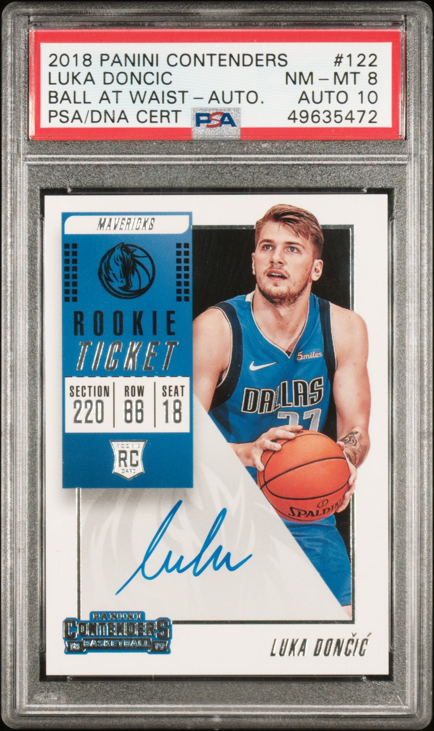 2018-19 Panini Contenders Rookie Ticket Autograph #122 Luka Doncic, Ball at Waist Signed Rookie Card - PSA NM-MT 8, PSA/DNA GEM MT 10