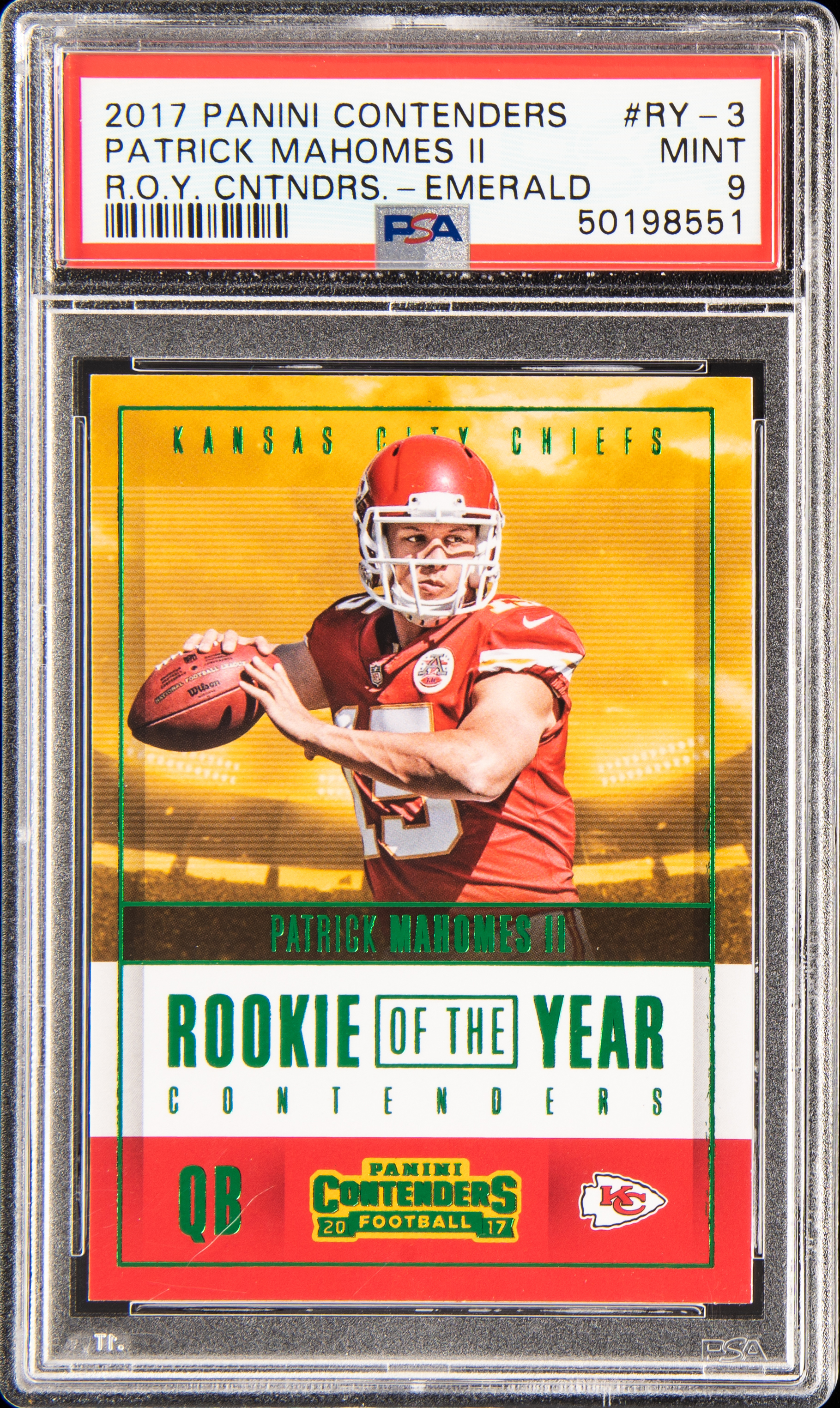 2017 Panini Contenders Rookie Of The Year Contenders Emerald #RY-3 Patrick Mahomes II Rookie Card – PSA MINT 9