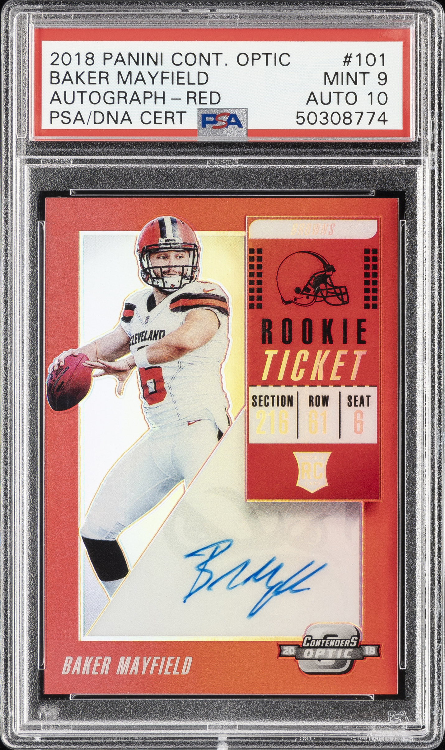 2018 Panini Contenders Optic Autograph-Red #101 Baker Mayfield Signed Rookie Card (#/99) – PSA MINT 9, PSA/DNA GEM MT 10