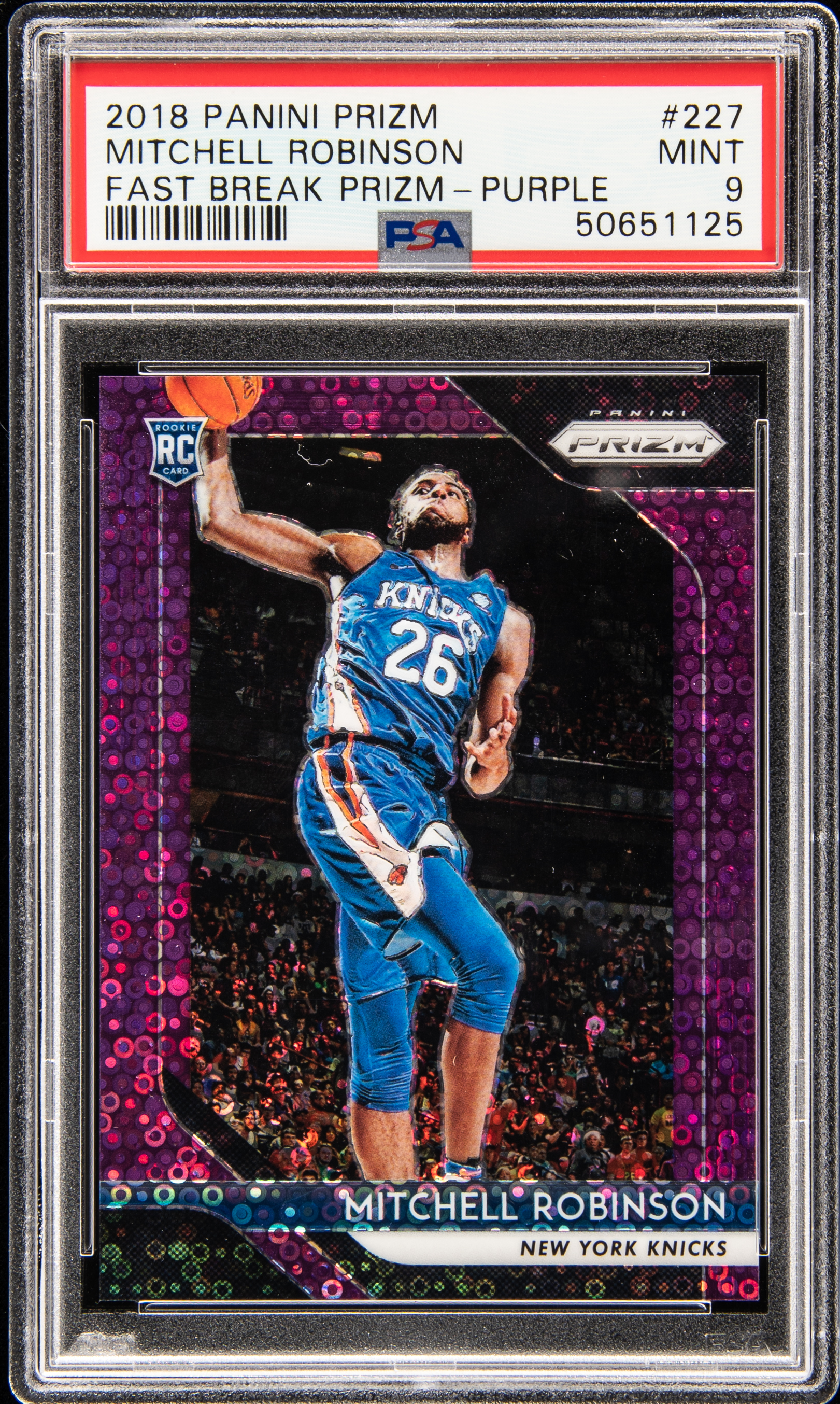 2018-19 Panini Prizm Purple Fast Break Prizm #227 Mitchell Robinson Rookie Card (#50/75) – PSA MINT 9