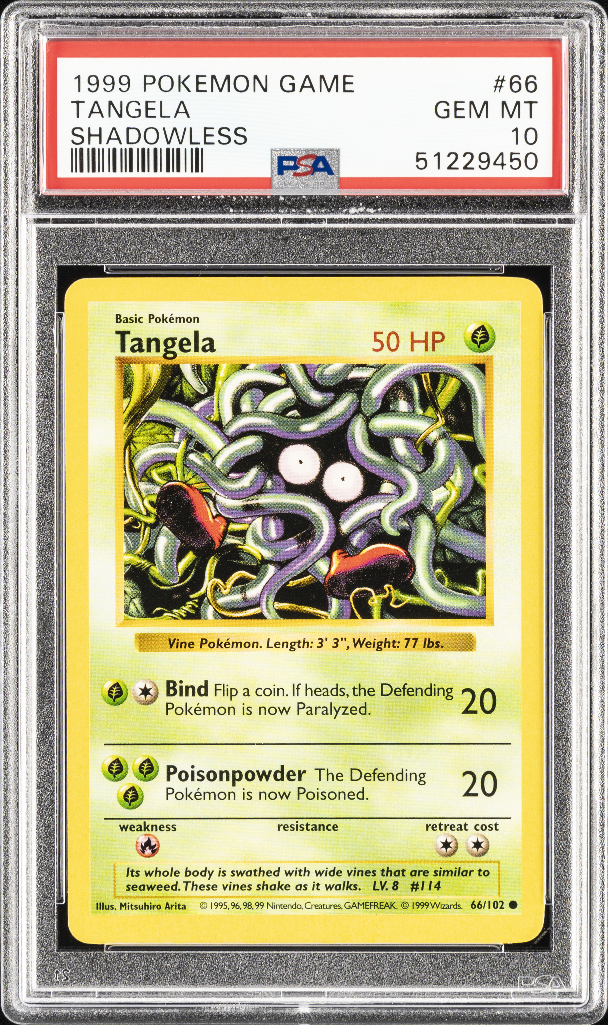 1999 Pokemon Game Shadowless 66 Tangela – PSA GEM MT 10