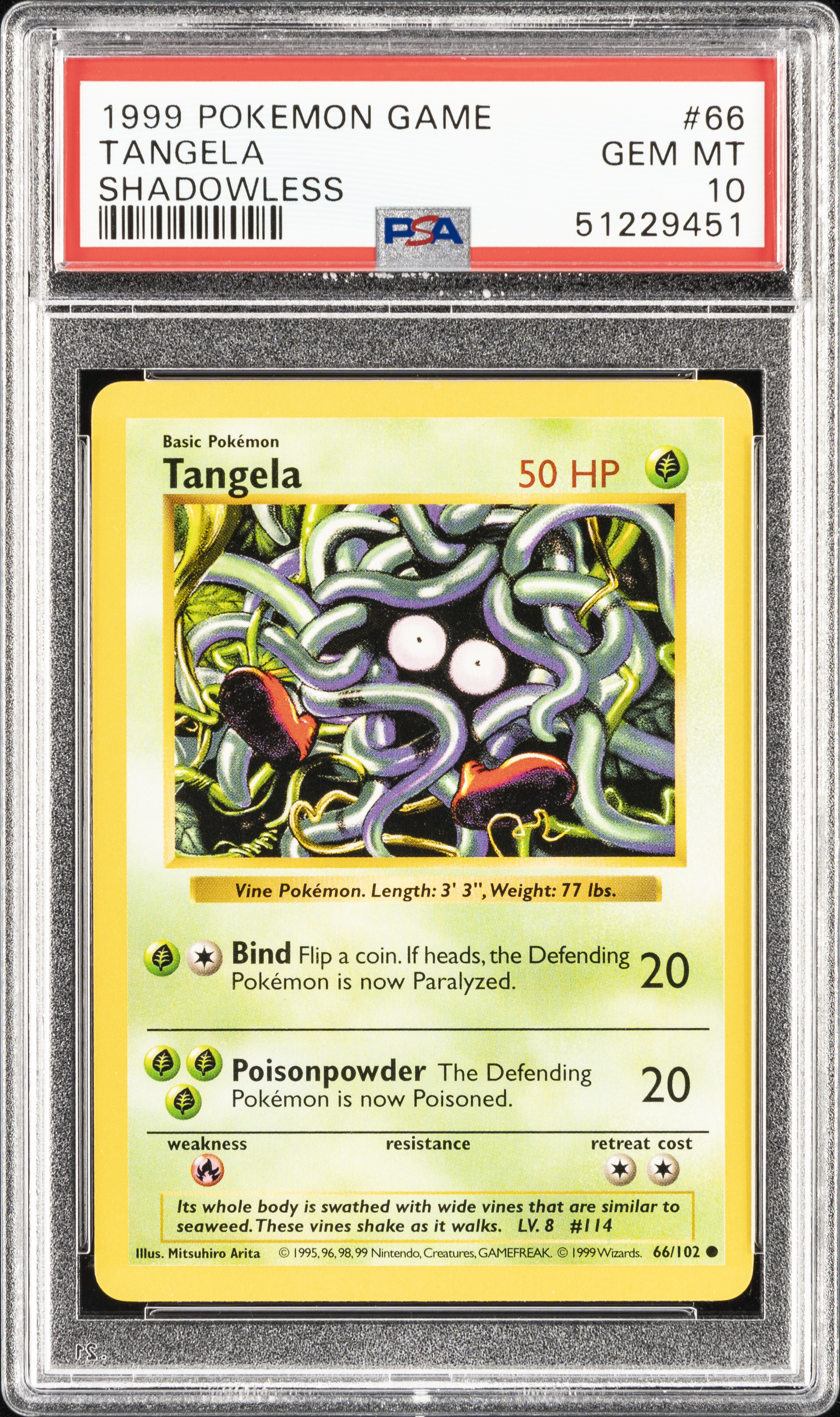 1999 Pokemon Game Shadowless #66 Tangela – PSA GEM MT 10