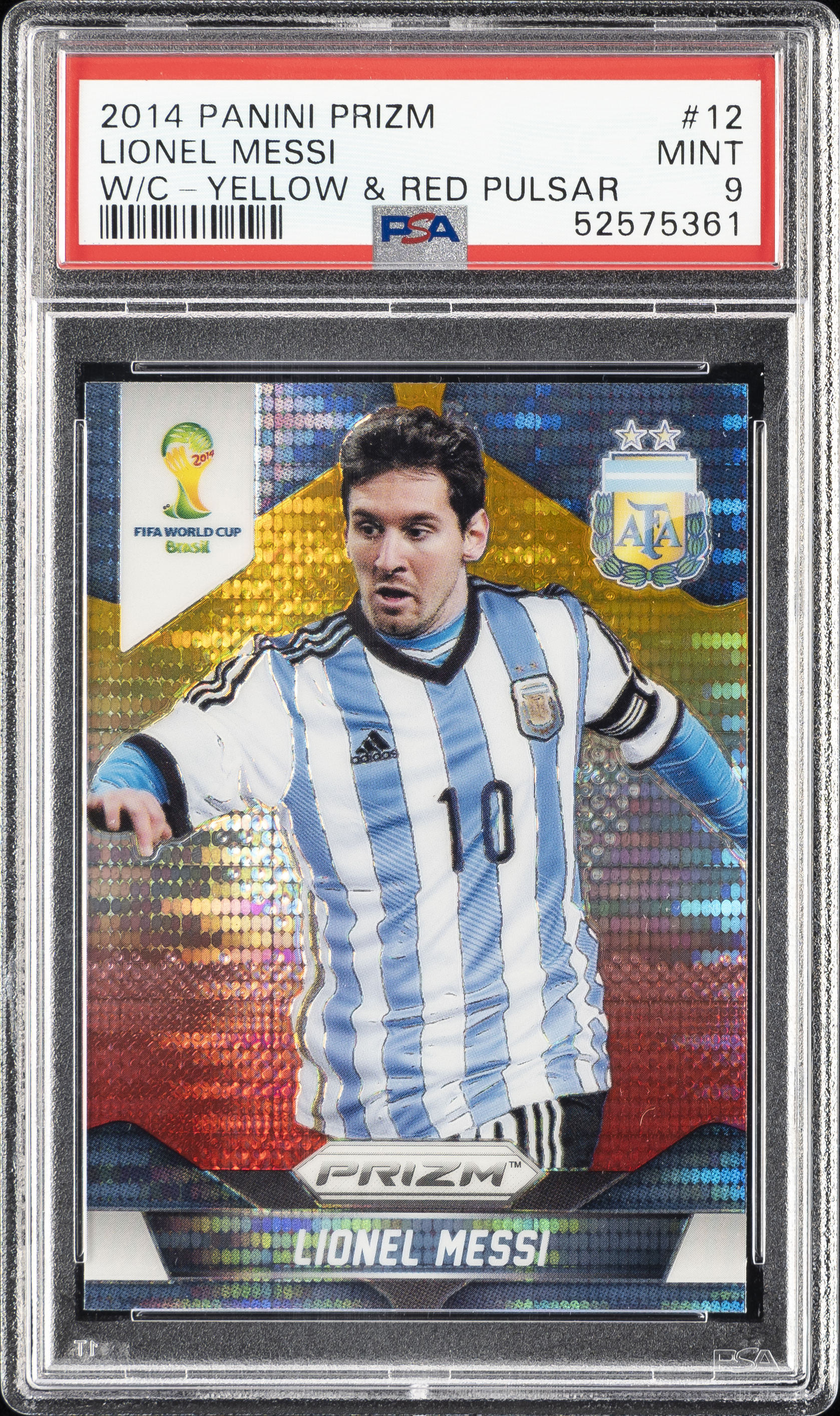 2014 Panini Prizm World Cup Yellow & Red Pulsar #12 Lionel Messi – PSA MINT 9