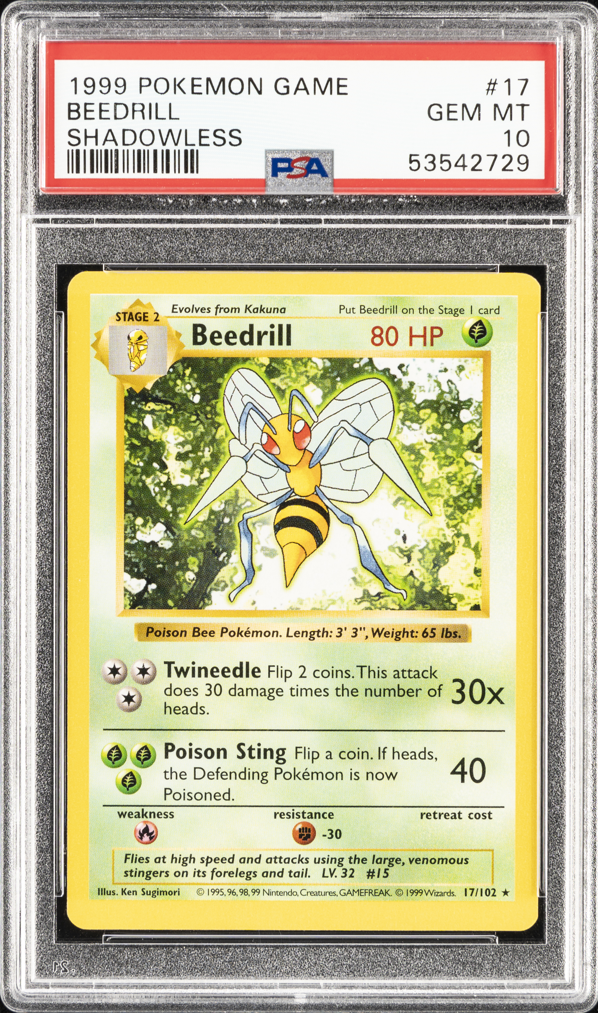 1999 Pokemon Game Shadowless #17 Beedrill – PSA GEM MT 10