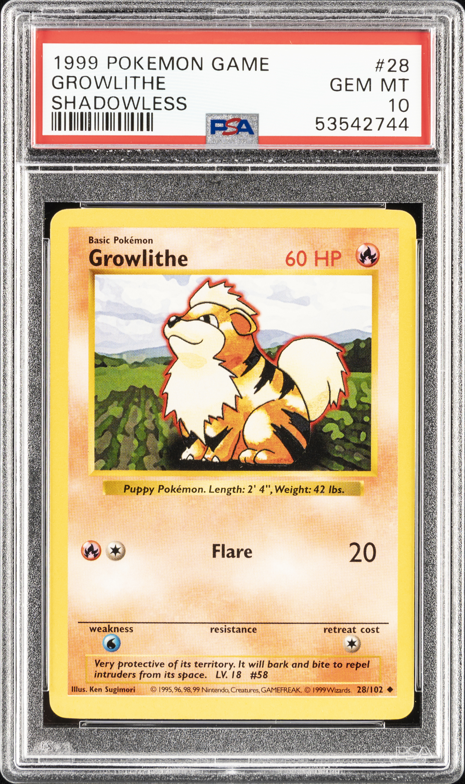 1999 Pokemon Game Shadowless 28 Growlithe – PSA GEM MT 10