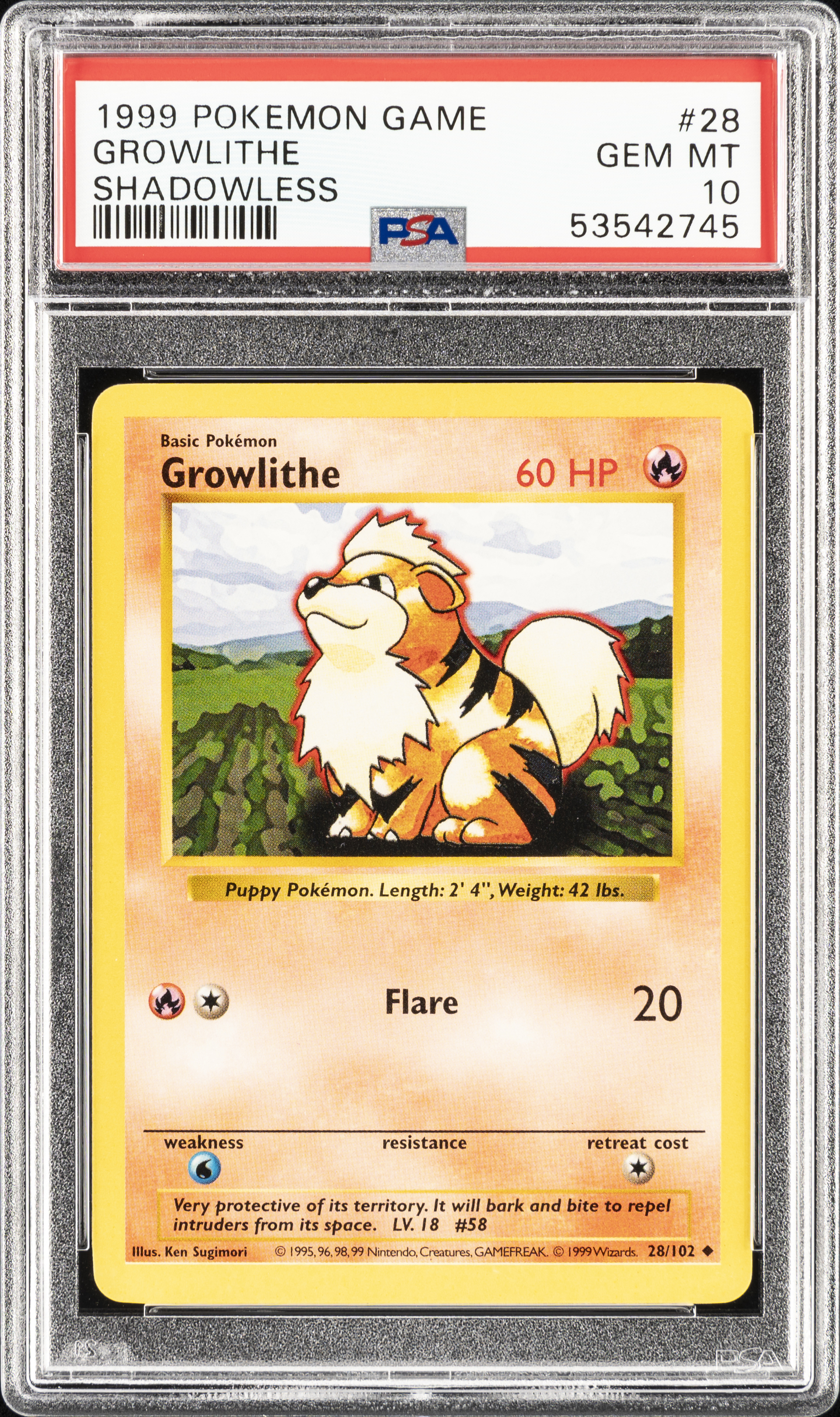 1999 Pokemon Game Shadowless #28 Growlithe – PSA GEM MT 10