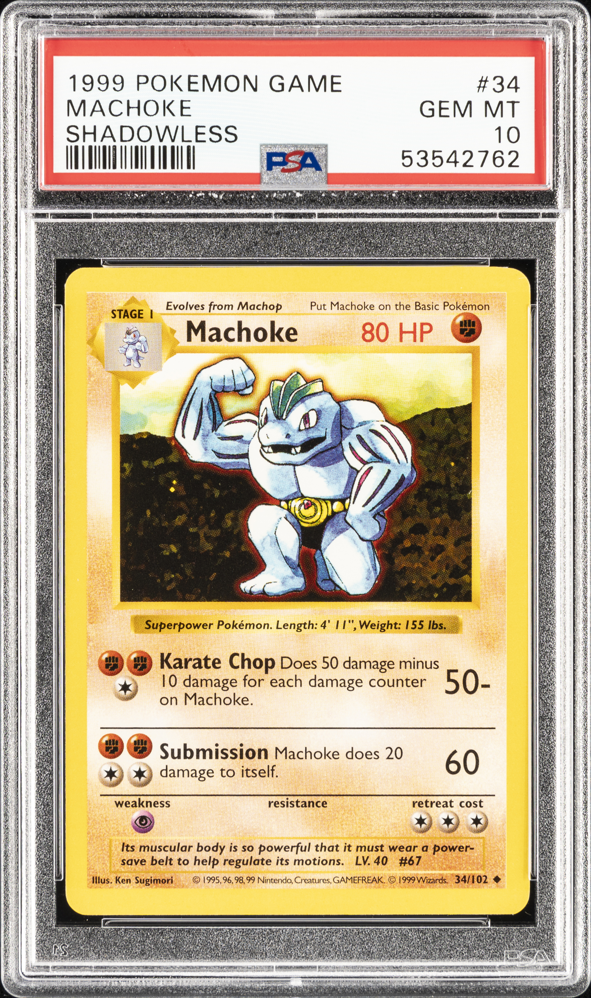 1999 Pokemon Game Shadowless 34 Machoke – PSA GEM MT 10