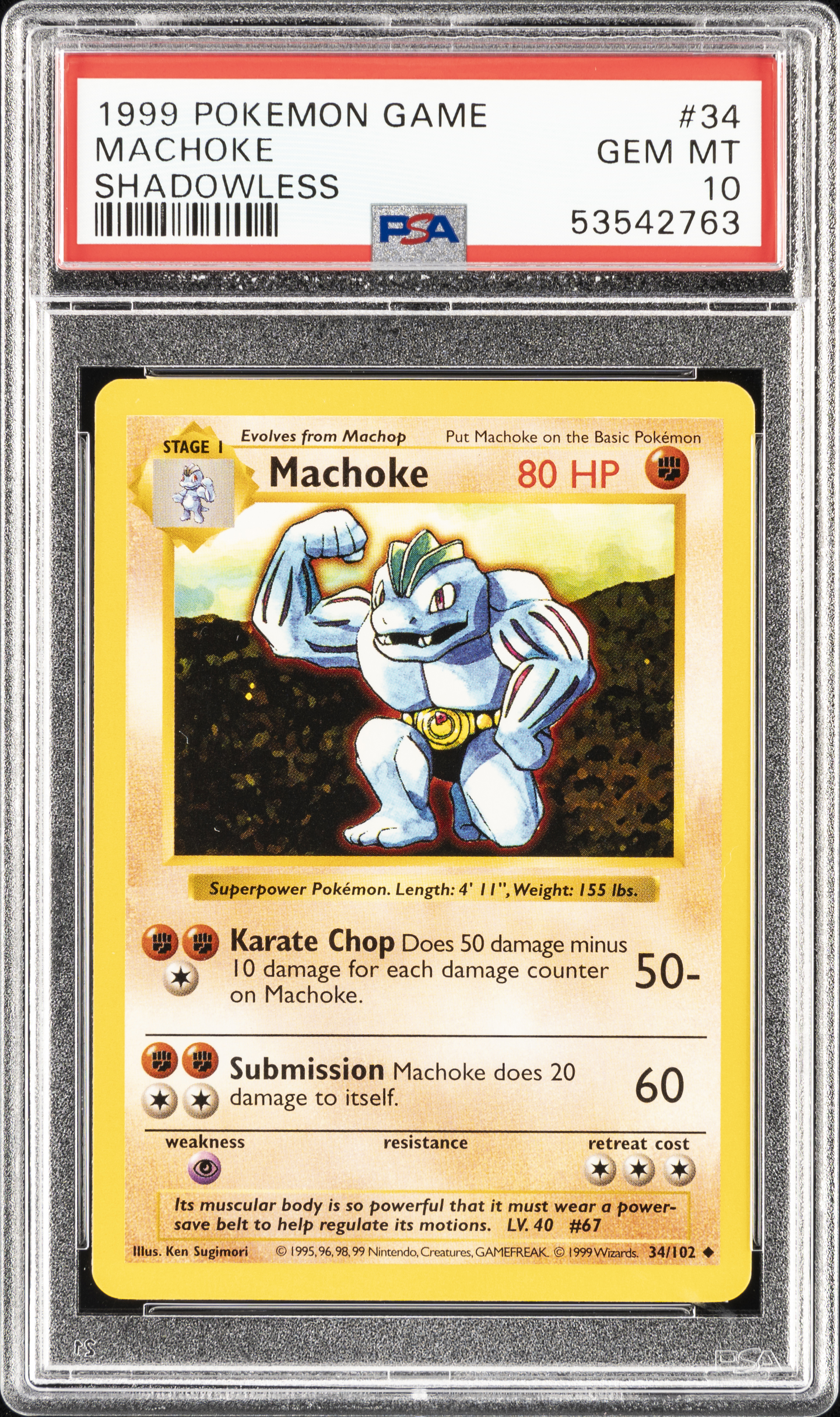 1999 Pokemon Game Shadowless 34 Machoke – PSA GEM MT 10