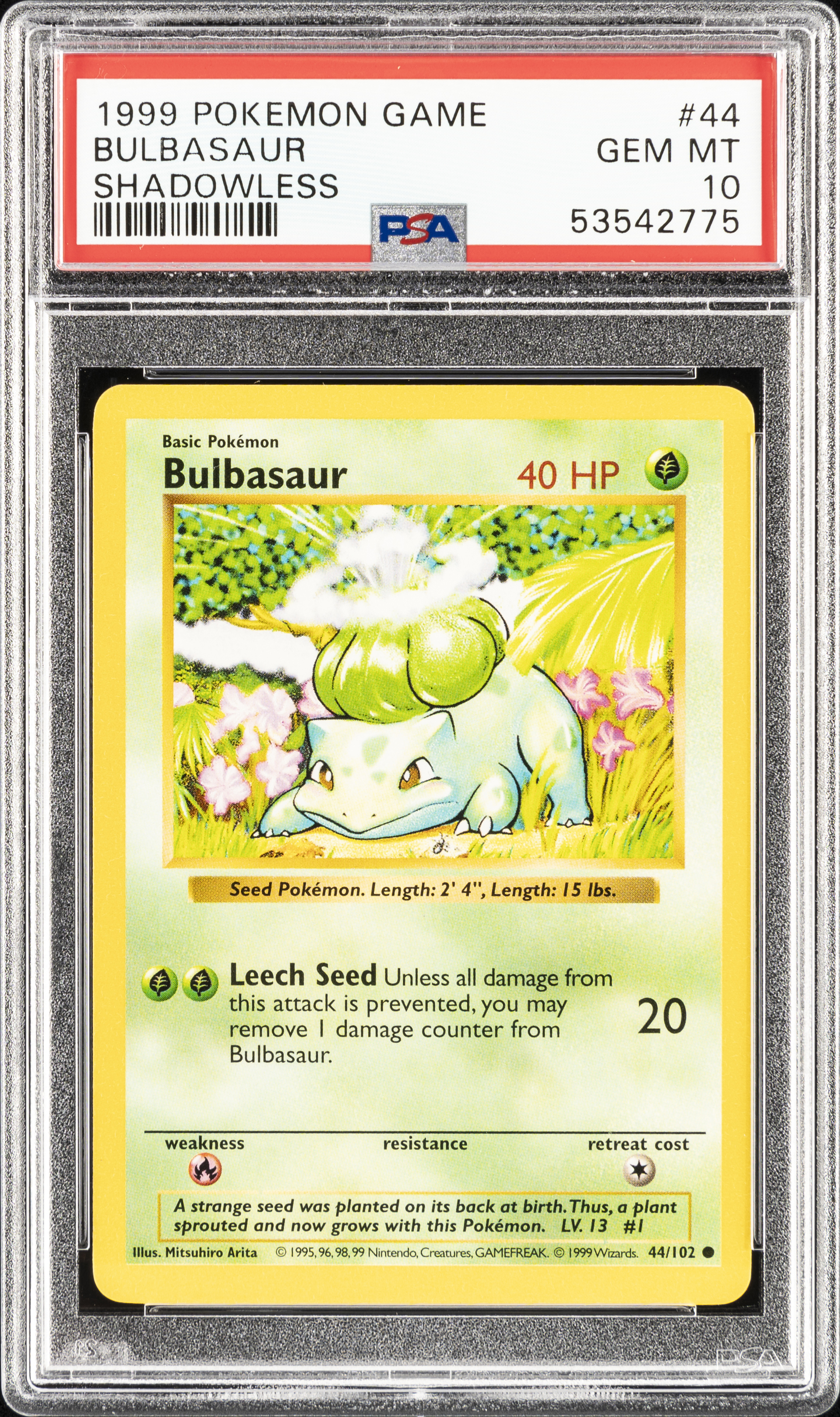 1999 Pokemon Game Shadowless 44 Bulbasaur – PSA GEM MT 10