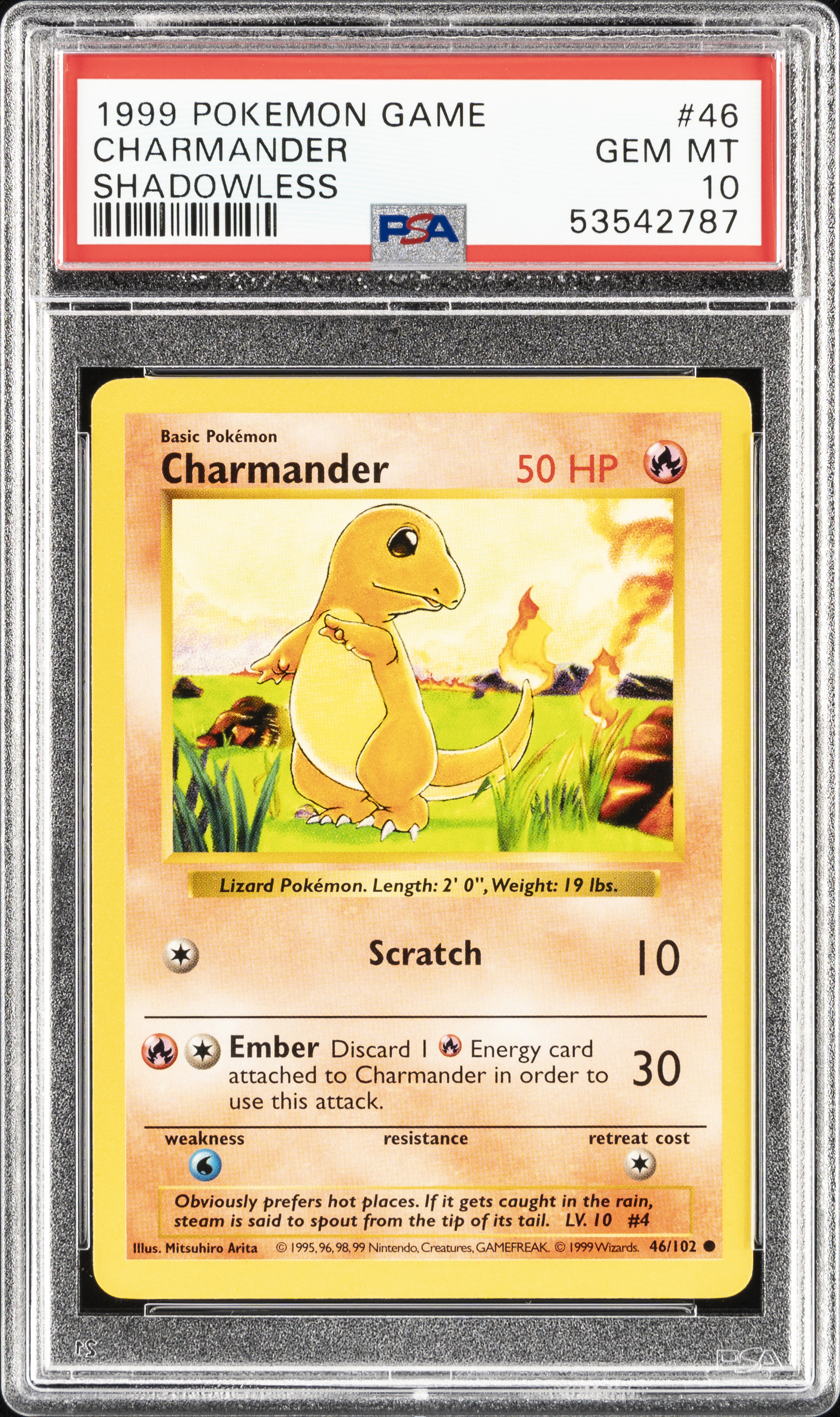 1999 Pokemon Game Shadowless #46 Charmander – PSA GEM MT 10