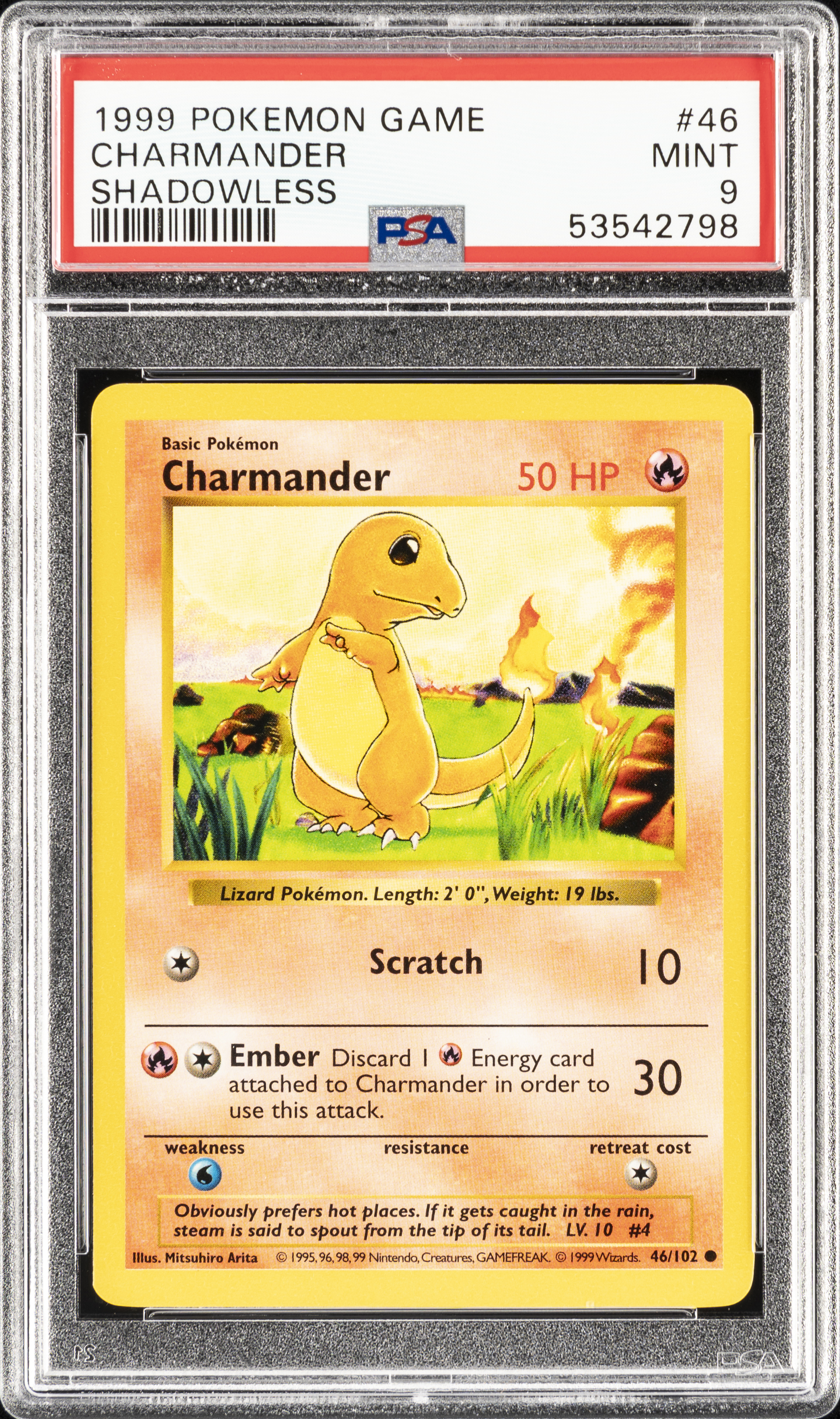 1999 Pokemon Game Shadowless #46 Charmander – PSA MINT 9