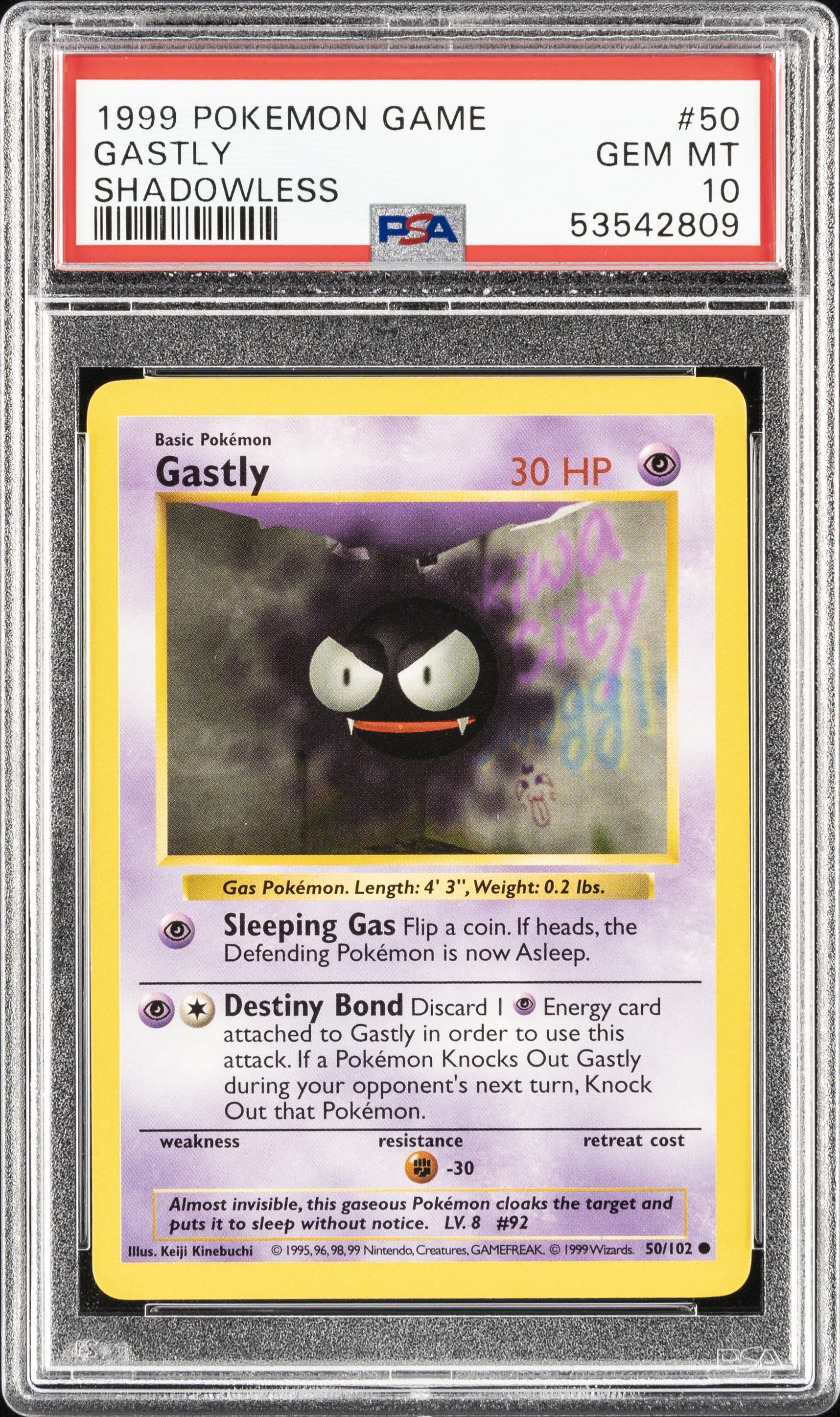 1999 Pokemon Game Shadowless #50 Gastly – PSA GEM MT 10