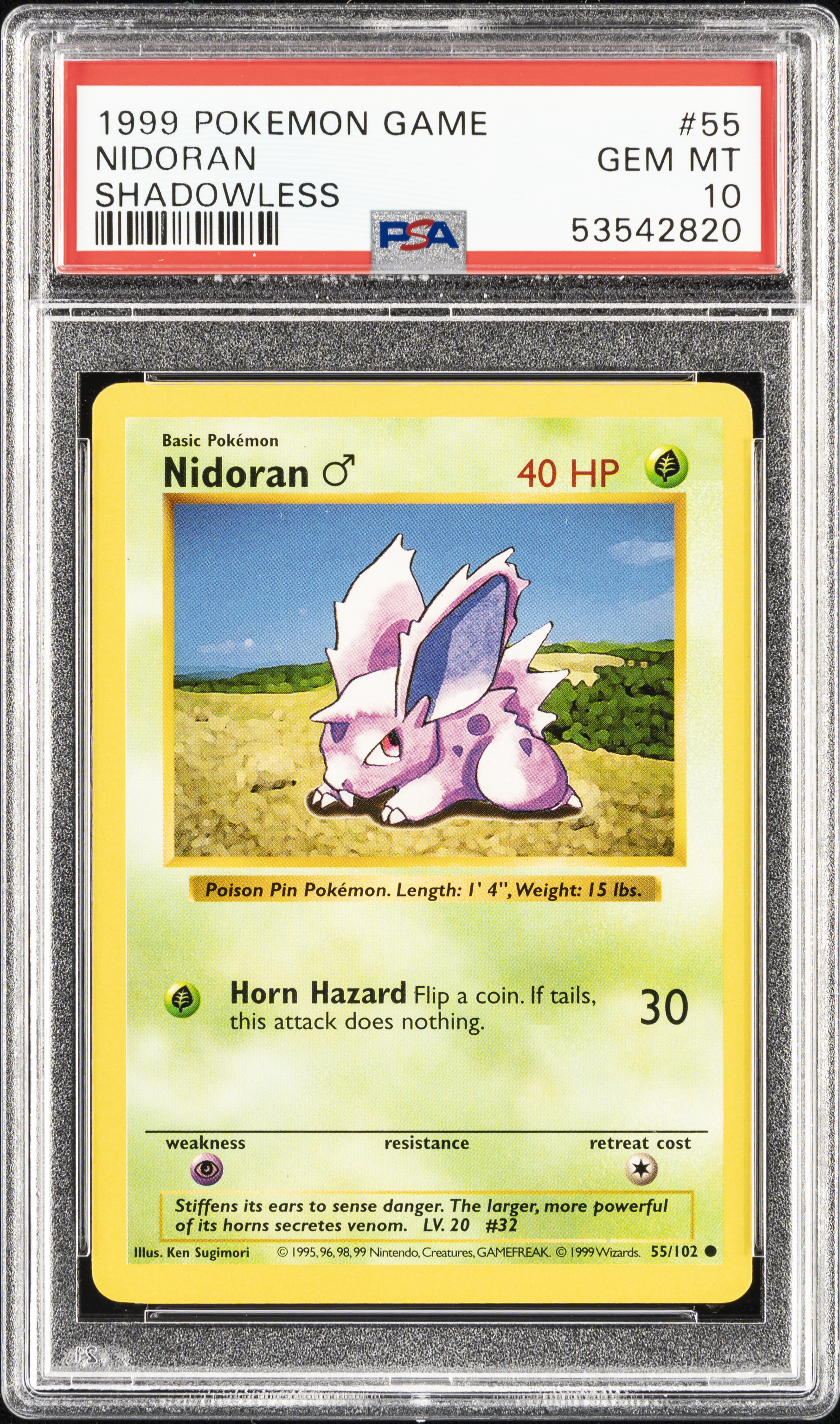 1999 Pokemon Game Shadowless #55 Nidoran – PSA GEM MT 10