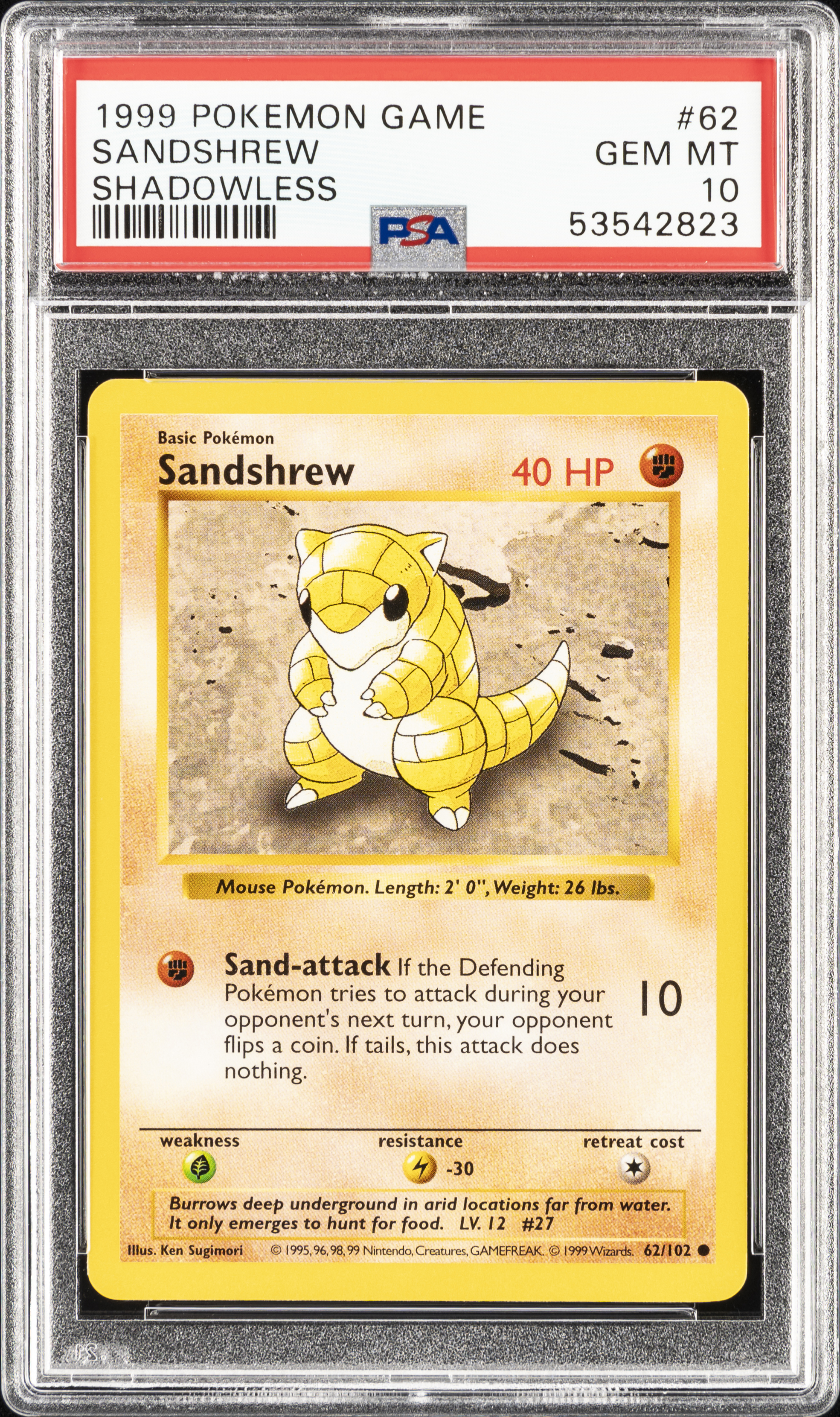 1999 Pokemon Game Shadowless #62 Sandshrew – PSA GEM MT 10