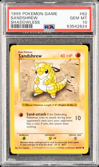 1999 Pokemon Game Shadowless 62 Sandshrew – PSA GEM MT 10 on