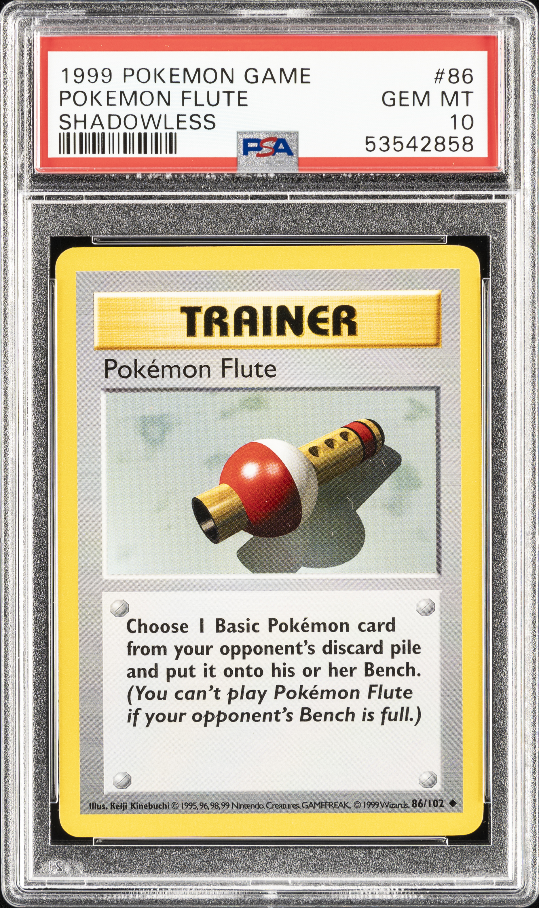 1999 Pokemon Game Shadowless #86 Pokemon Flute – PSA GEM MT 10