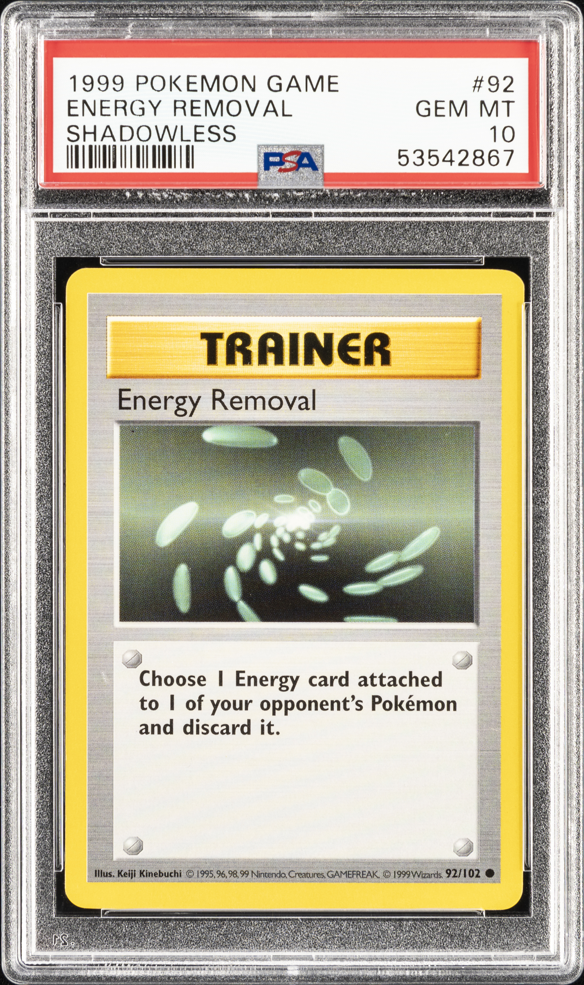 1999 Pokemon Game Shadowless #92 Energy Removal – PSA GEM MT 10