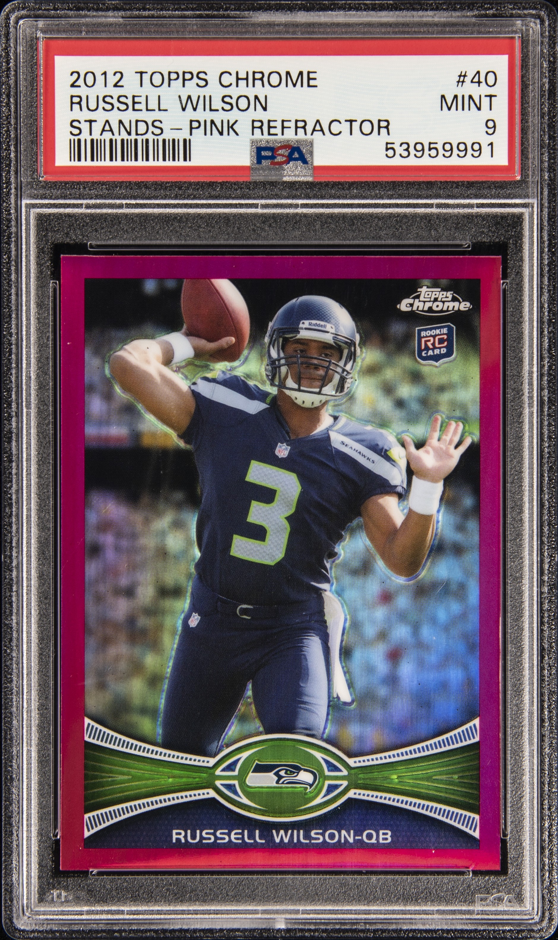 2012 Topps Chrome Pink Refractor #40 Russell Wilson, Stands Visible Rookie Card (#280/399) – PSA MINT 9