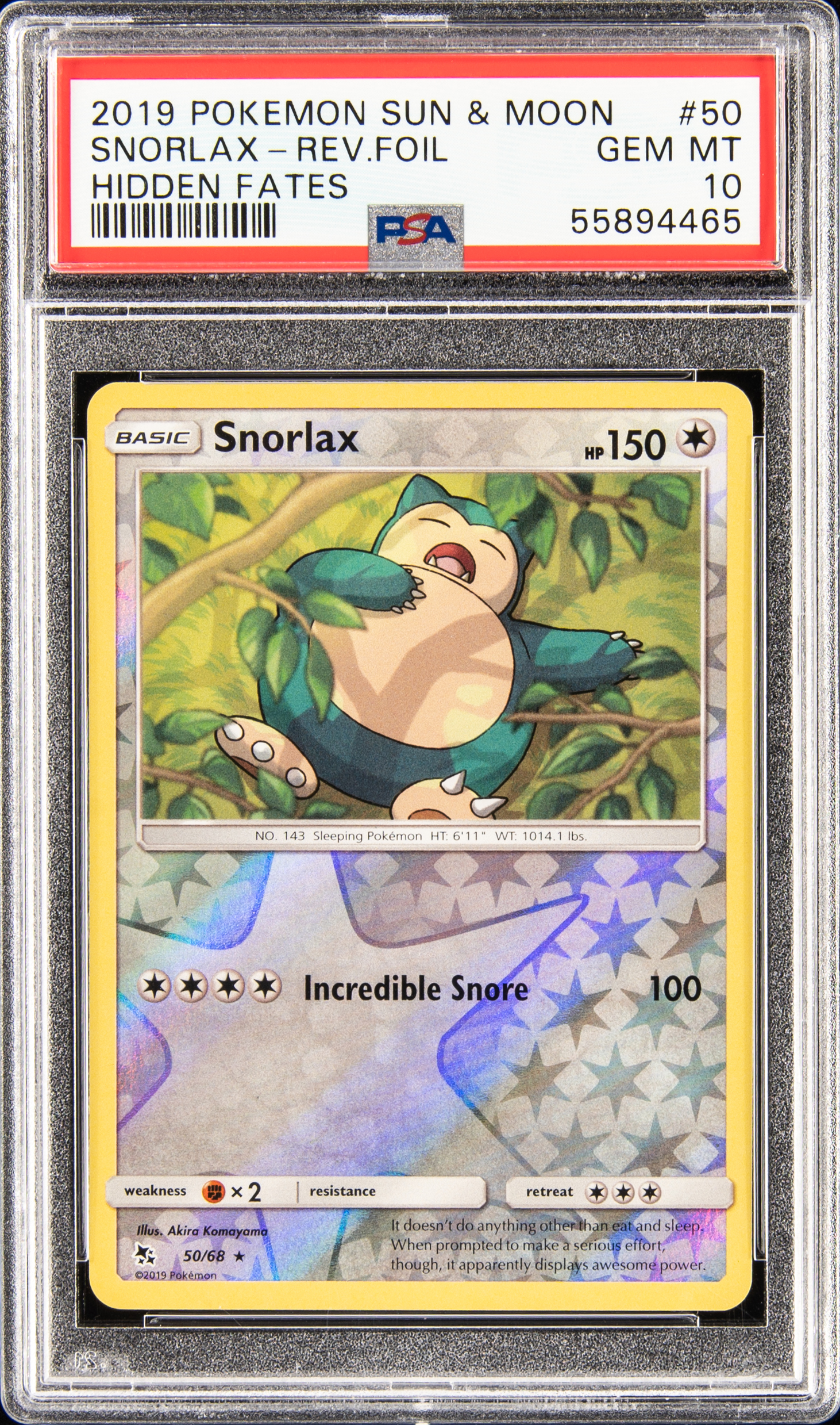2019 Pokemon Sun & Moon Hidden Fates Reverse Foil #50 Snorlax – PSA GEM MT 10
