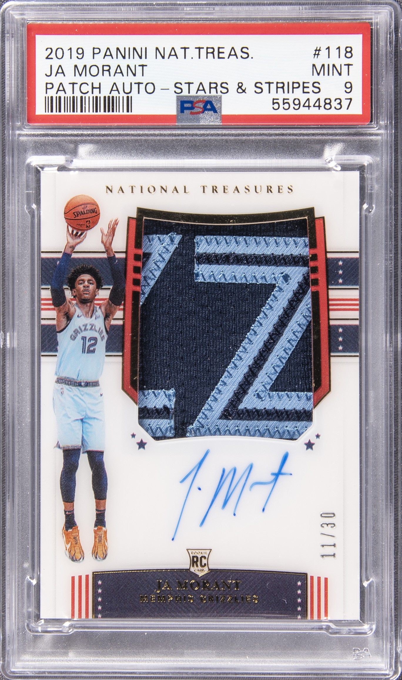 2019-20 Panini National Treasures Rookie Patch Autograph (RPA) Stars & Stripes #118 Ja Morant Signed Patch Rookie Card (#11/30) - PSA MINT 9