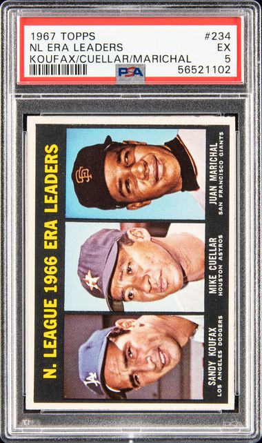 Sandy Koufax Mike Cuellar Juan Marichal 1966 ERA Leaders 1967 Topps Card 234