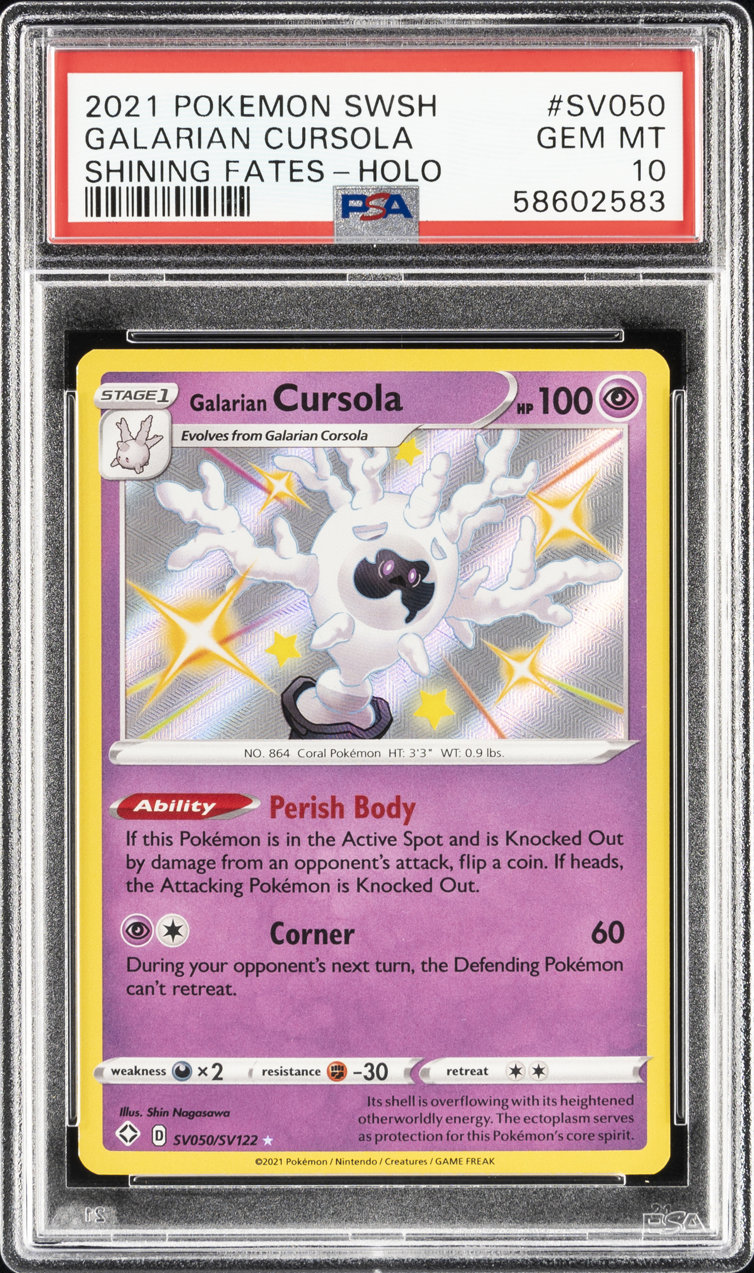 2021 Pokemon Sword & Shield Shining Fates Holofoil #SV050 Galarian Cursola – PSA GEM MT 10