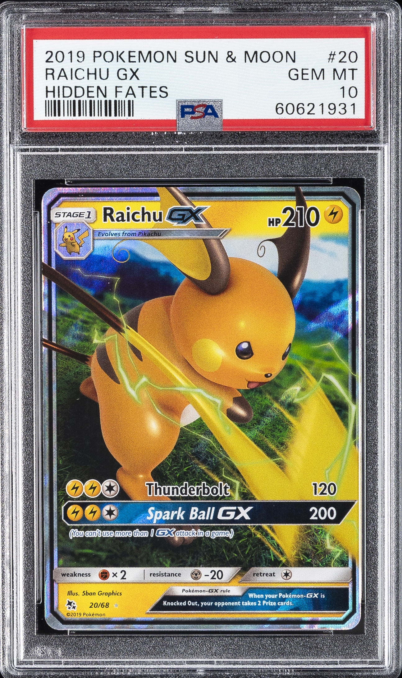 2019 #20 Raichu GX PSA 10 Sun & Moon Hidden Fates Pokemon