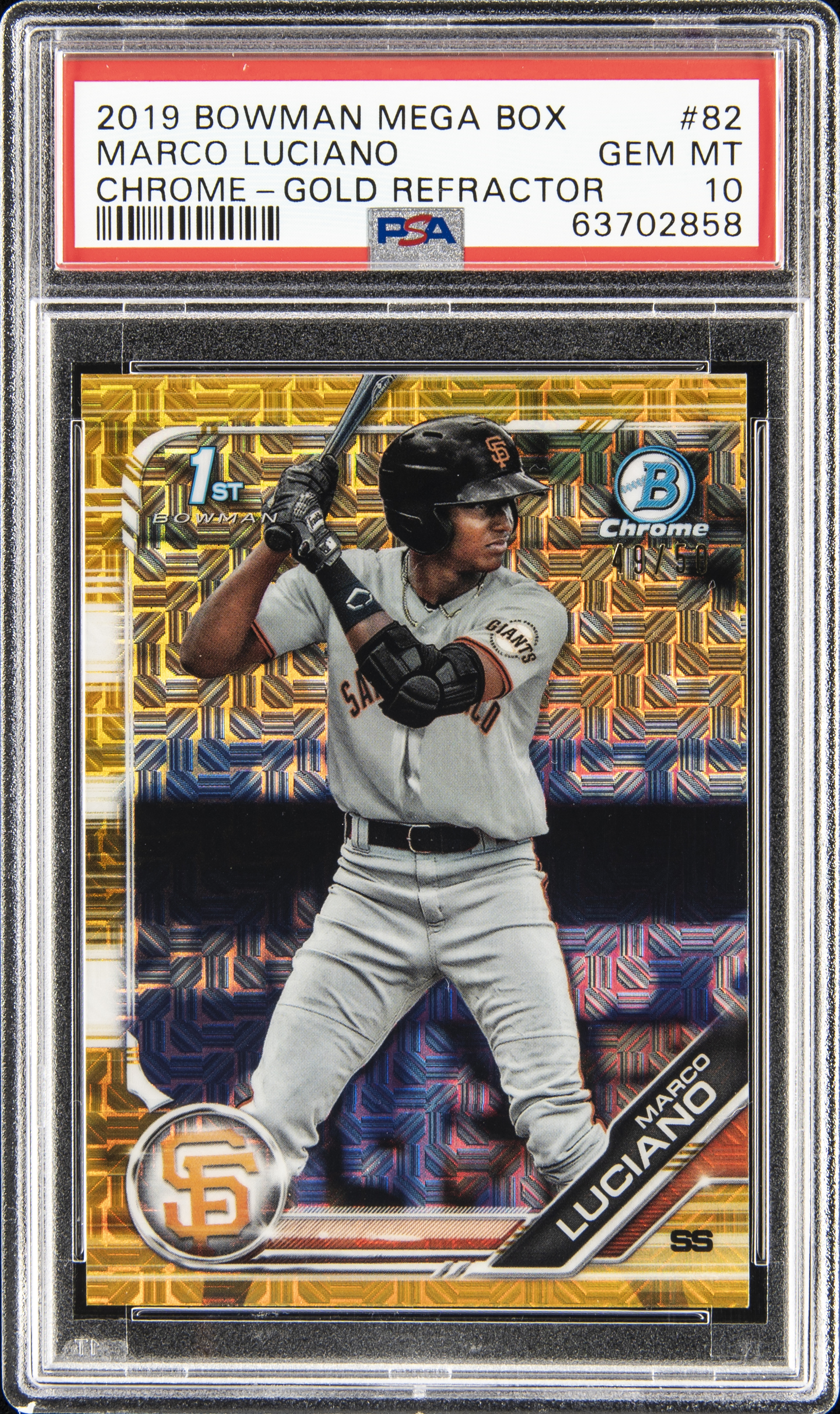 2019 Bowman Mega Box Chrome Gold Refractor 82 Marco Luciano Rookie Card (#49/50) – PSA GEM MT 10