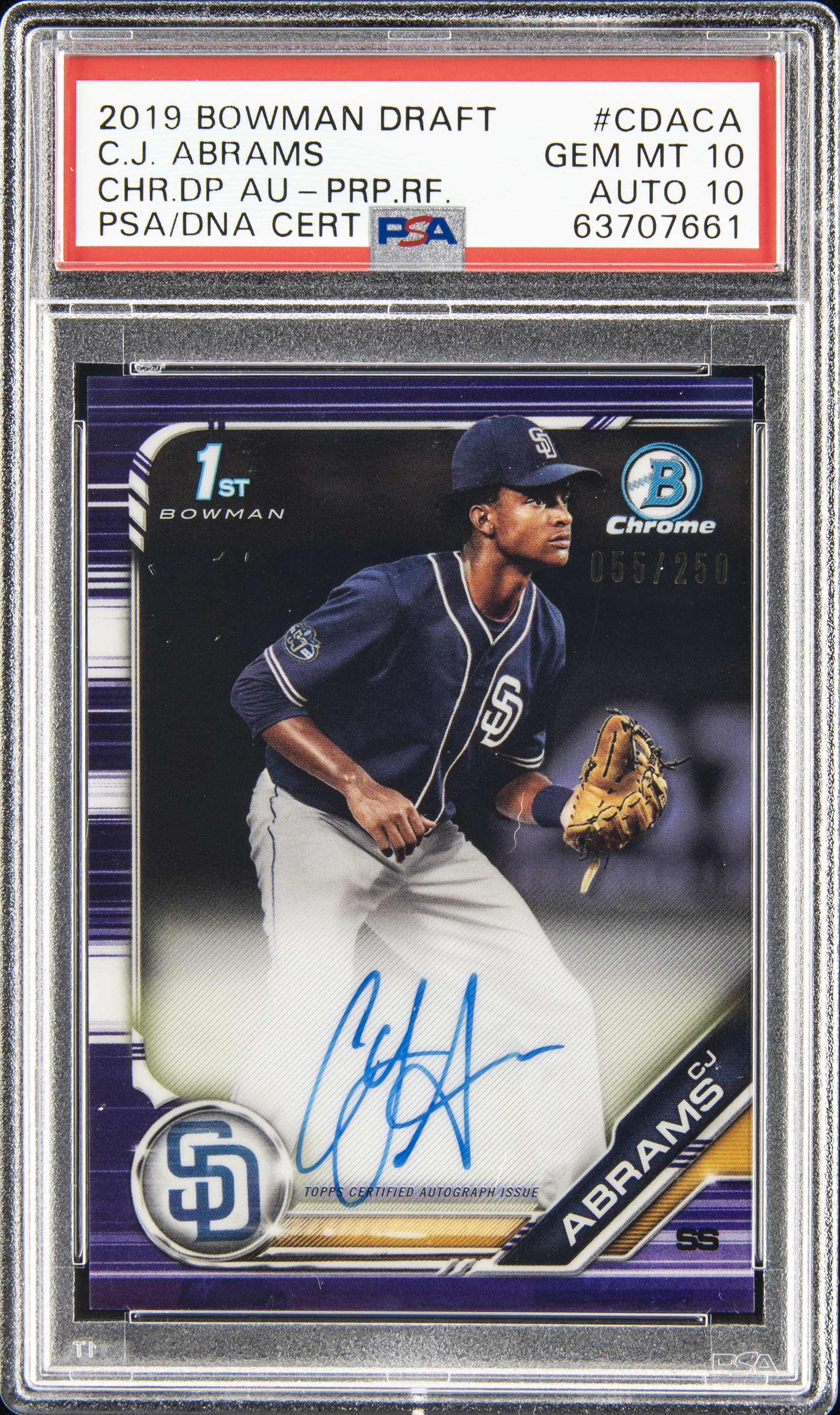 2019 Bowman Draft Chrome Draft Picks Autograph Purple Refractor #CDA-CA C.J. Abrams Signed Rookie Card (#055/250) – PSA GEM MT 10, PSA/DNA GEM MT 10