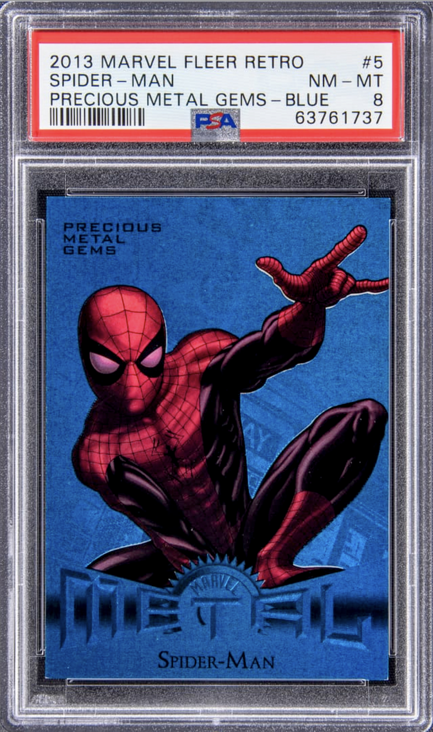 2013 Marvel Fleer Retro Precious Metal Gems Blue #5 Spider-Man (#02/50) – PSA NM-MT 8