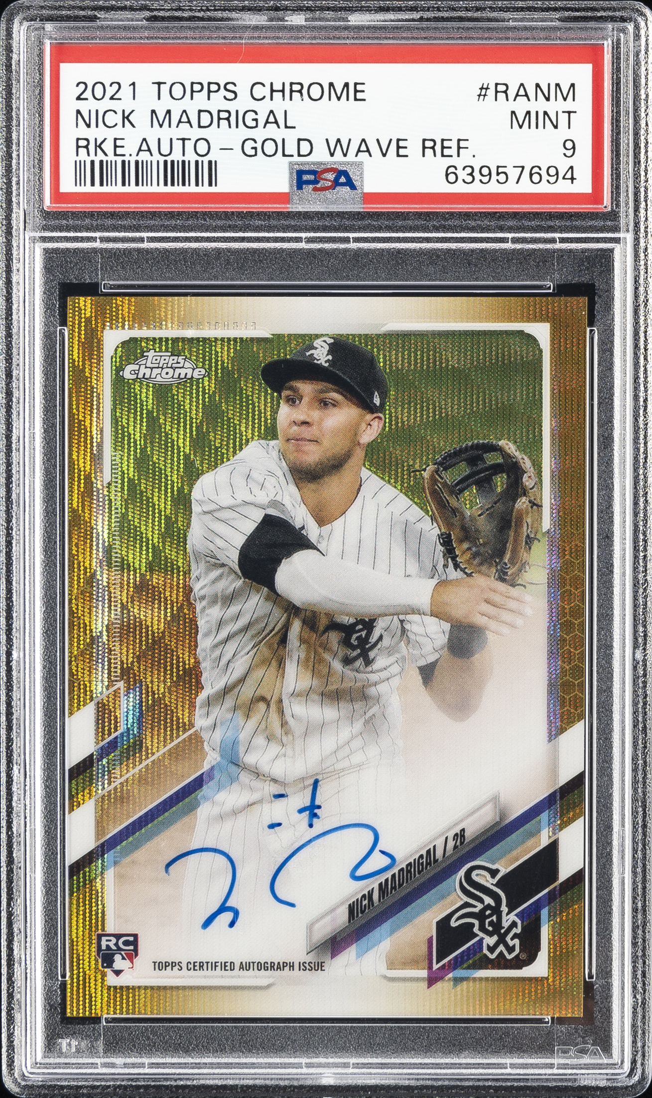 2021 Topps Chrome Rookie Autographs Gold Wave Refractor #RA-NM Nick Madrigal Signed Rookie Card (#40/50) – PSA MINT 9