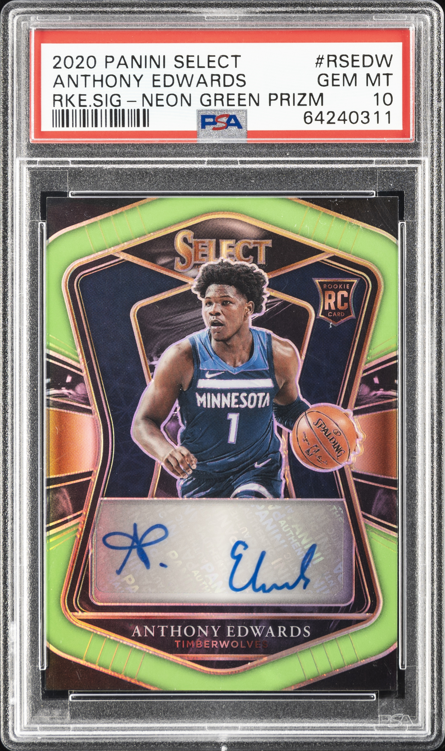 2020-21 Panini Select Rookie Signatures Neon Green Prizm #RS-EDW Anthony Edwards Signed Rookie Card (#51/99) – PSA GEM MT 10