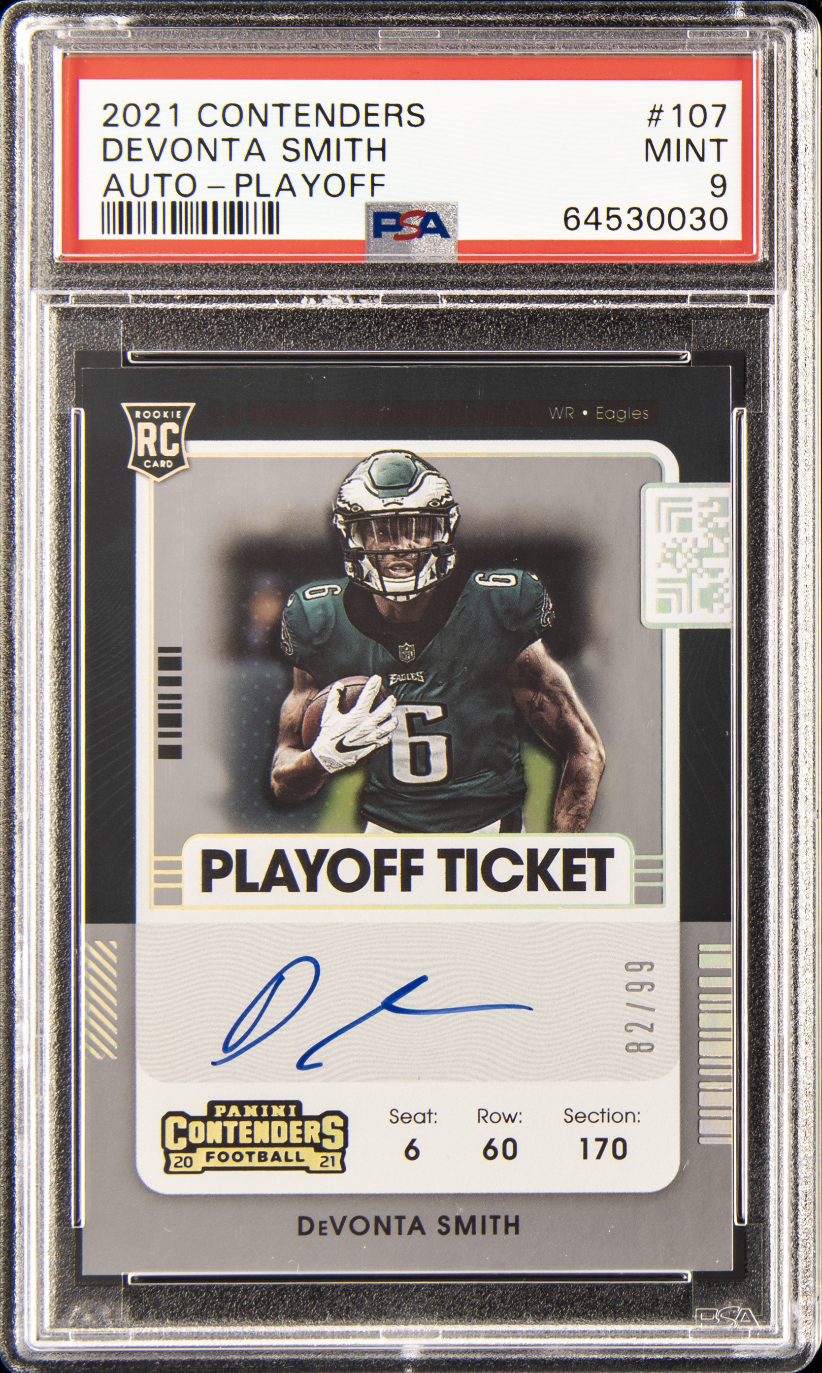 2021 Panini Contenders Playoff Ticket Autograph #107 DeVonta Smith Signed Rookie Card (#82/99) – PSA MINT 9