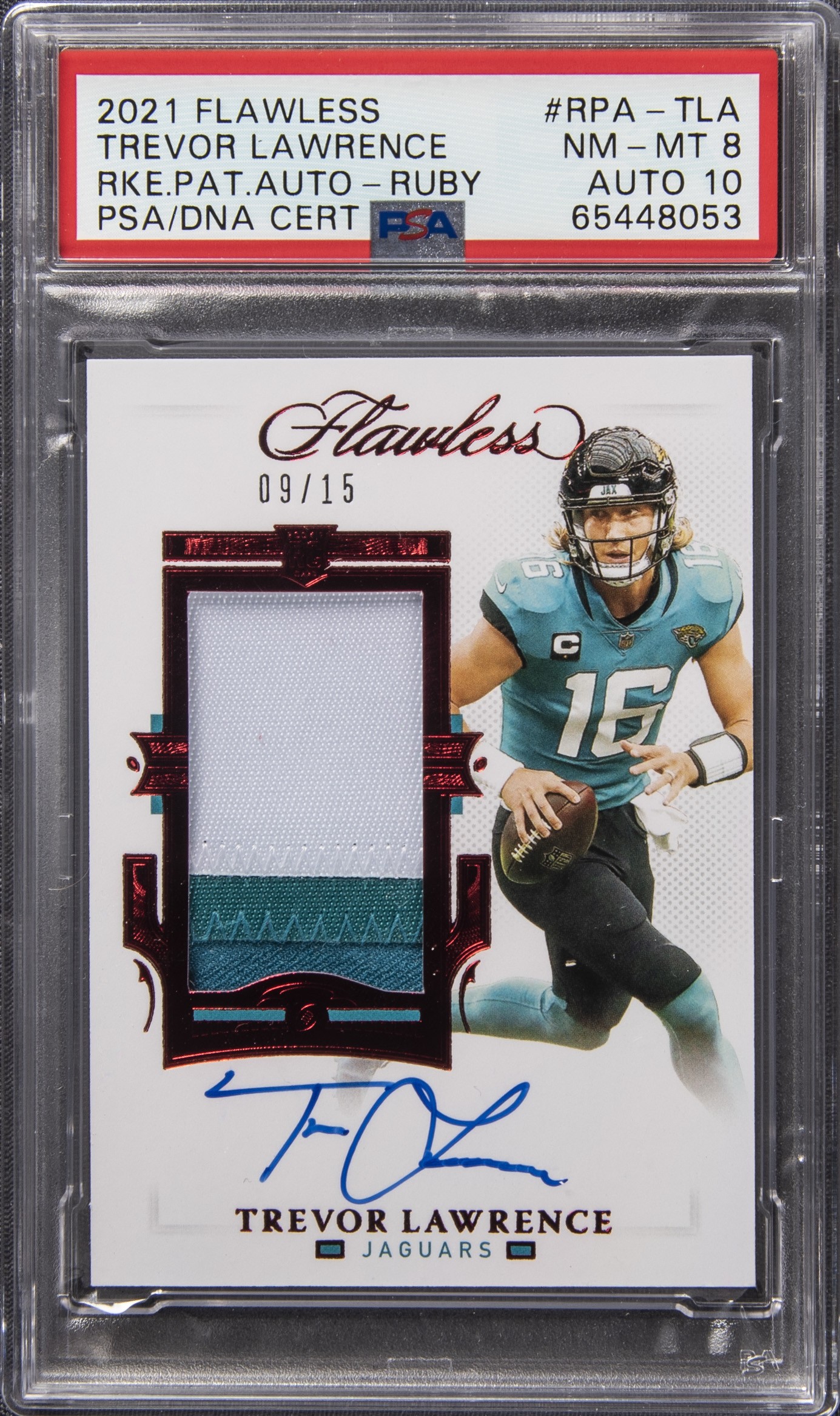 2021 Panini Flawless Rookie Patch Autograph (RPA) Ruby #RPA-TLA Trevor Lawrence Signed Patch Rookie Card (#09/15) - PSA NM-MT 8, PSA/DNA GEM MT 10
