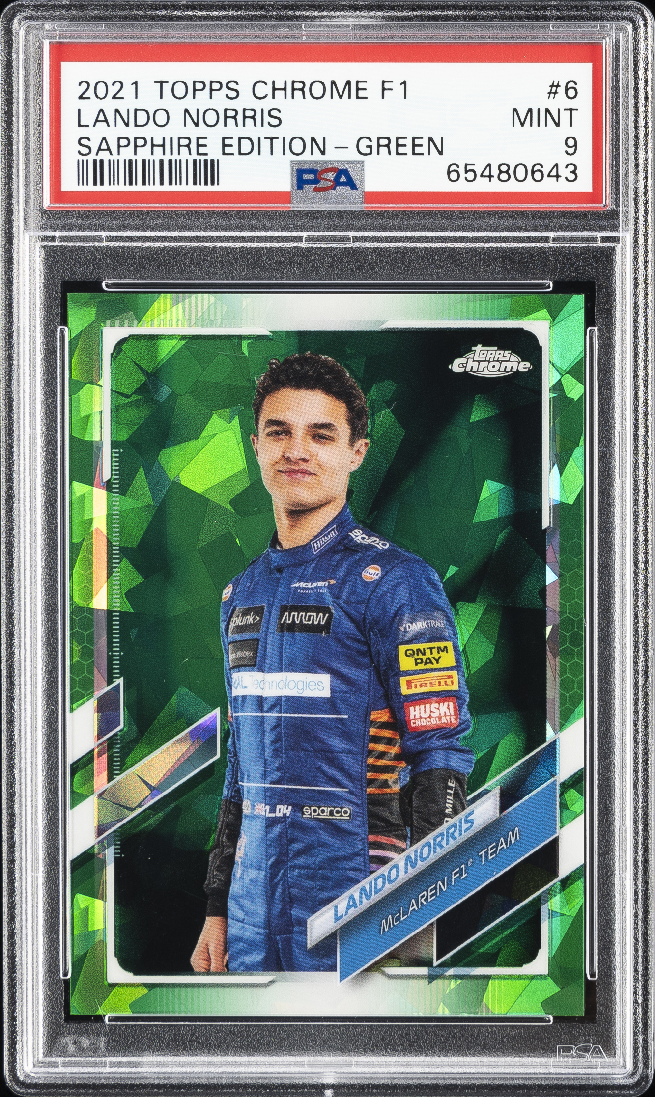 2021 Topps Chrome Formula 1 Sapphire Edition Green #6 Lando Norris (#21/75) – PSA MINT 9