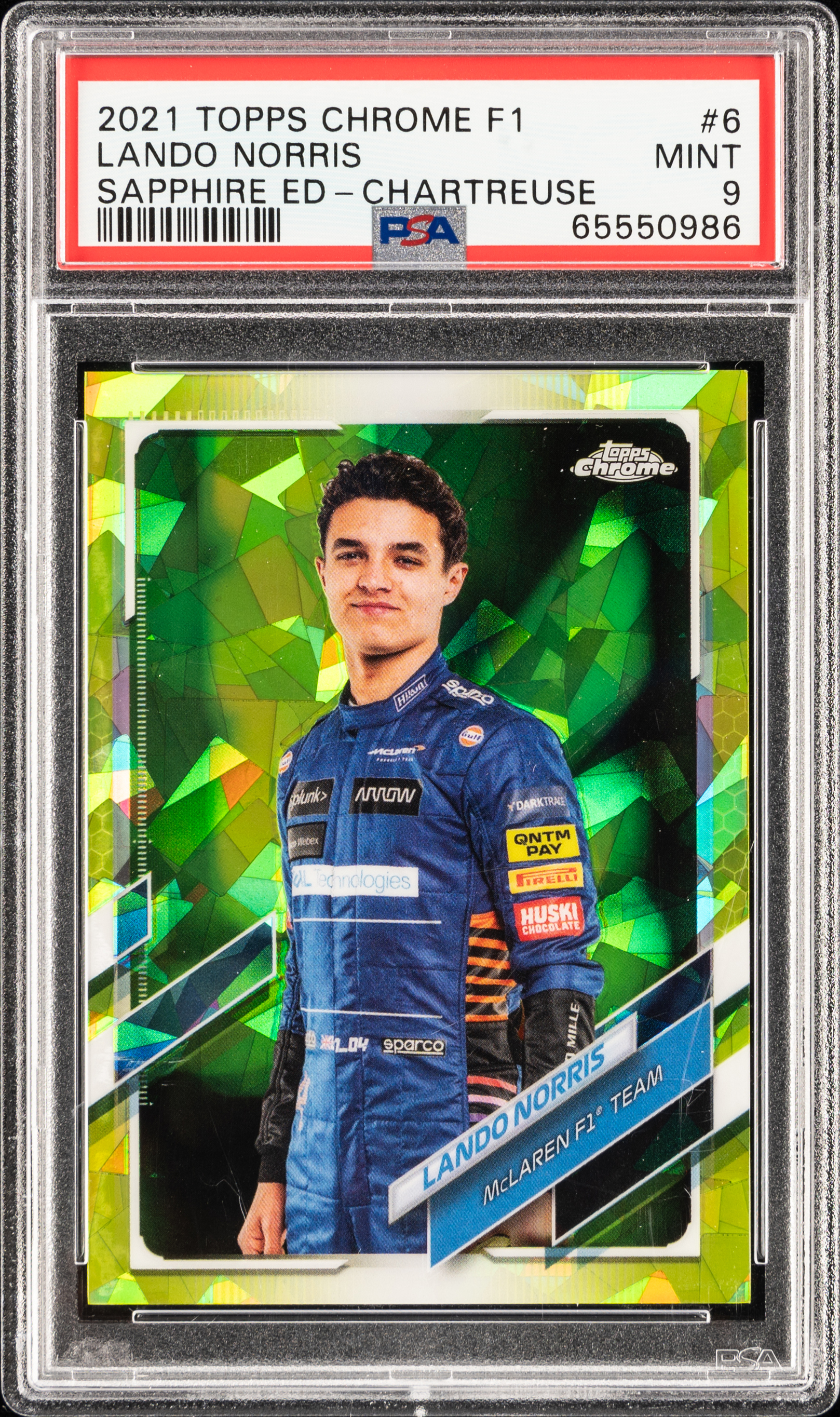 2021 Topps Chrome Formula 1 Sapphire Edition Chartreuse #6 Lando Norris (#144/199) – PSA MINT 9