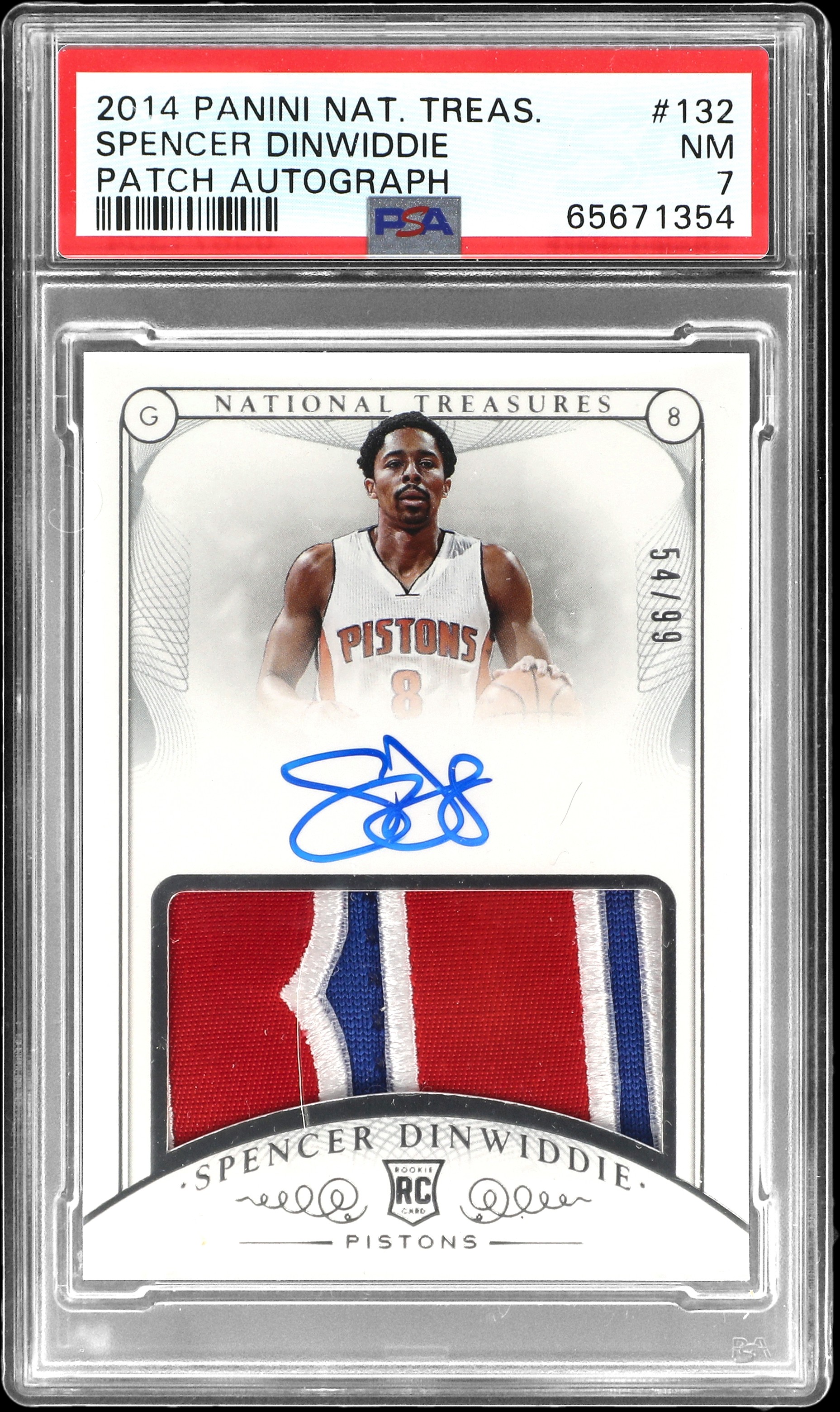 2014-15 Panini National Treasures Rookie Patch Autograph (RPA) #132 Spencer Dinwiddie Signed Patch Rookie Card (#54/99) - PSA NM 7