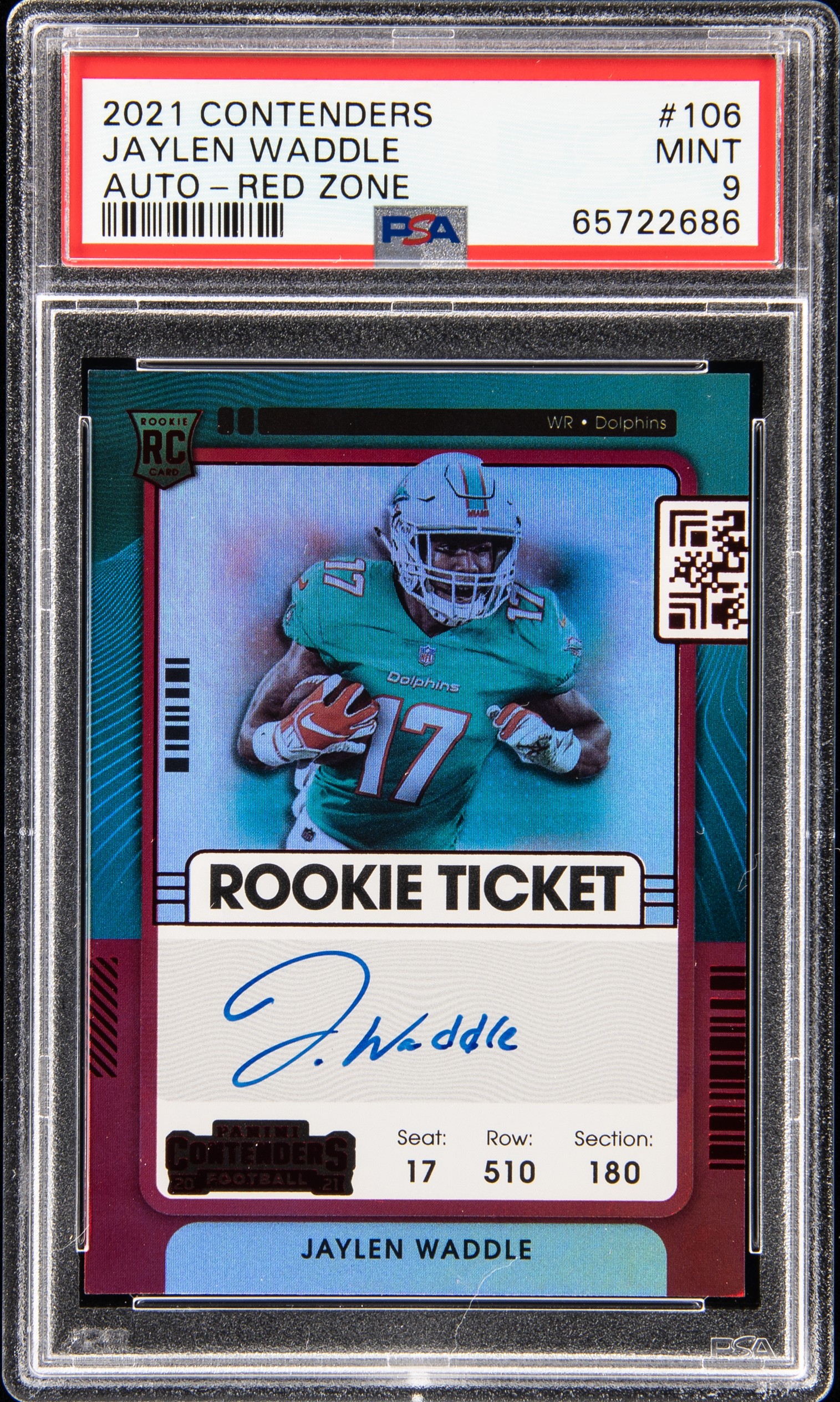 2021 Panini Contenders Autograph-Red Zone 106 Jaylen Waddle Rookie Card – PSA MINT 9