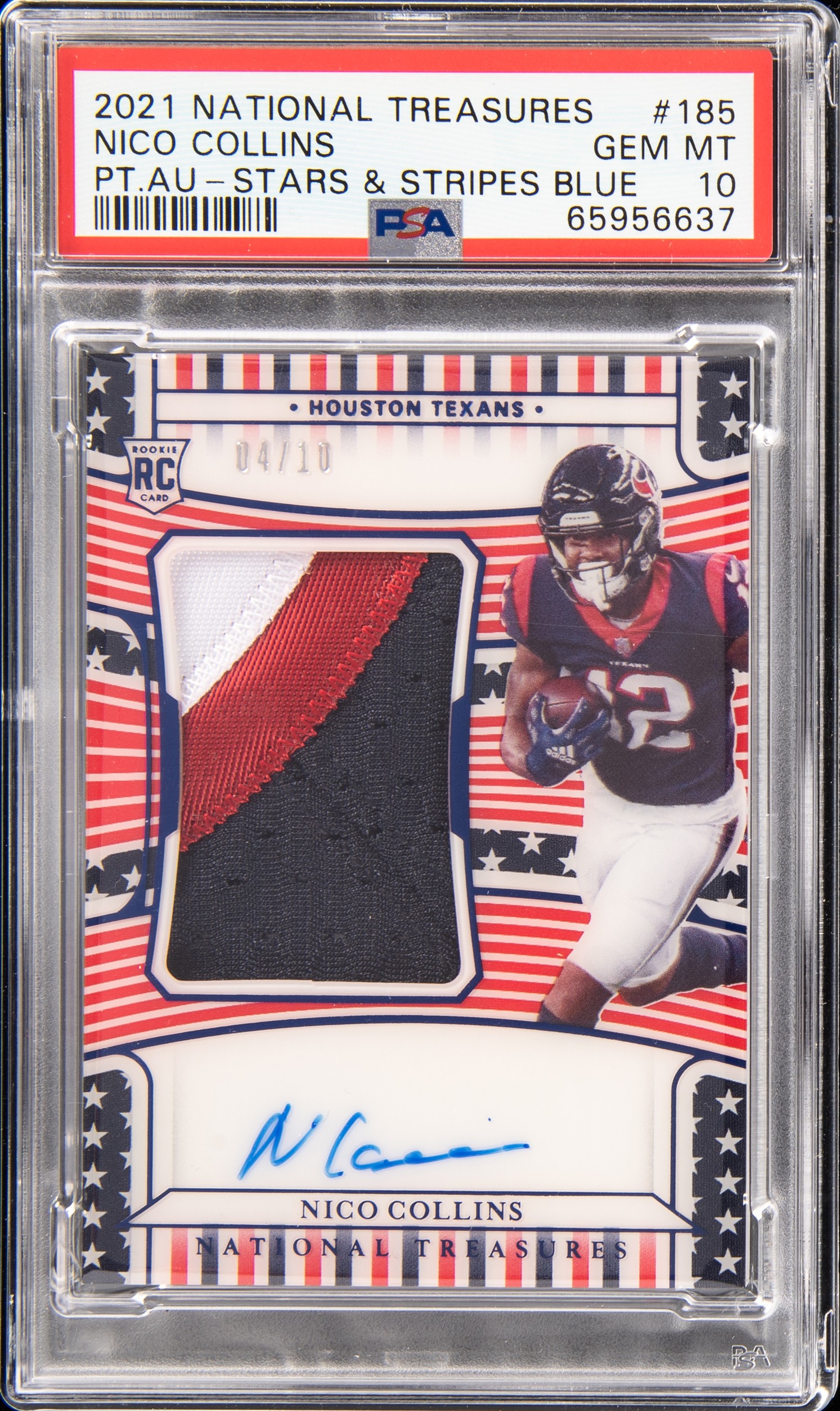 2021 Panini National Treasures Patch Autograph-Stars & Stripes Blue 185 Nico Collins – PSA GEM MT 10